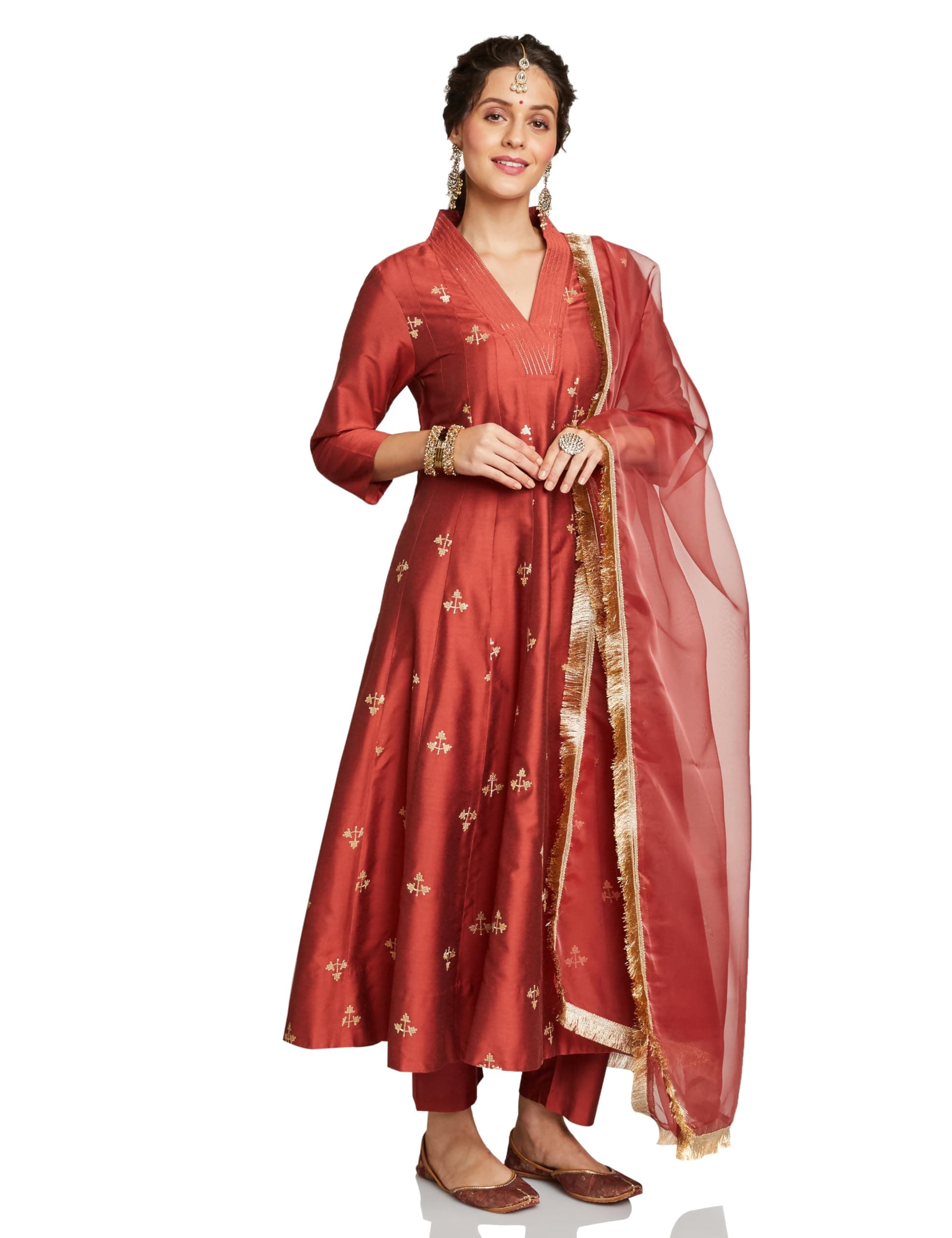 Amazon Brand - Myx Women's Embroidered Kalidar Kurta Pant Set with Organza Dupatta (Available in Plus Sizes)
