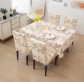 House of Quirk Polyester, Polyvinyl Chloride (PVC) Dining Chair Cover with Rectangular Table Covers for Kitchen Waterproof Dining Table Cloth (Beige Tulip, 1 Table Cover + 4 Chair Cover)