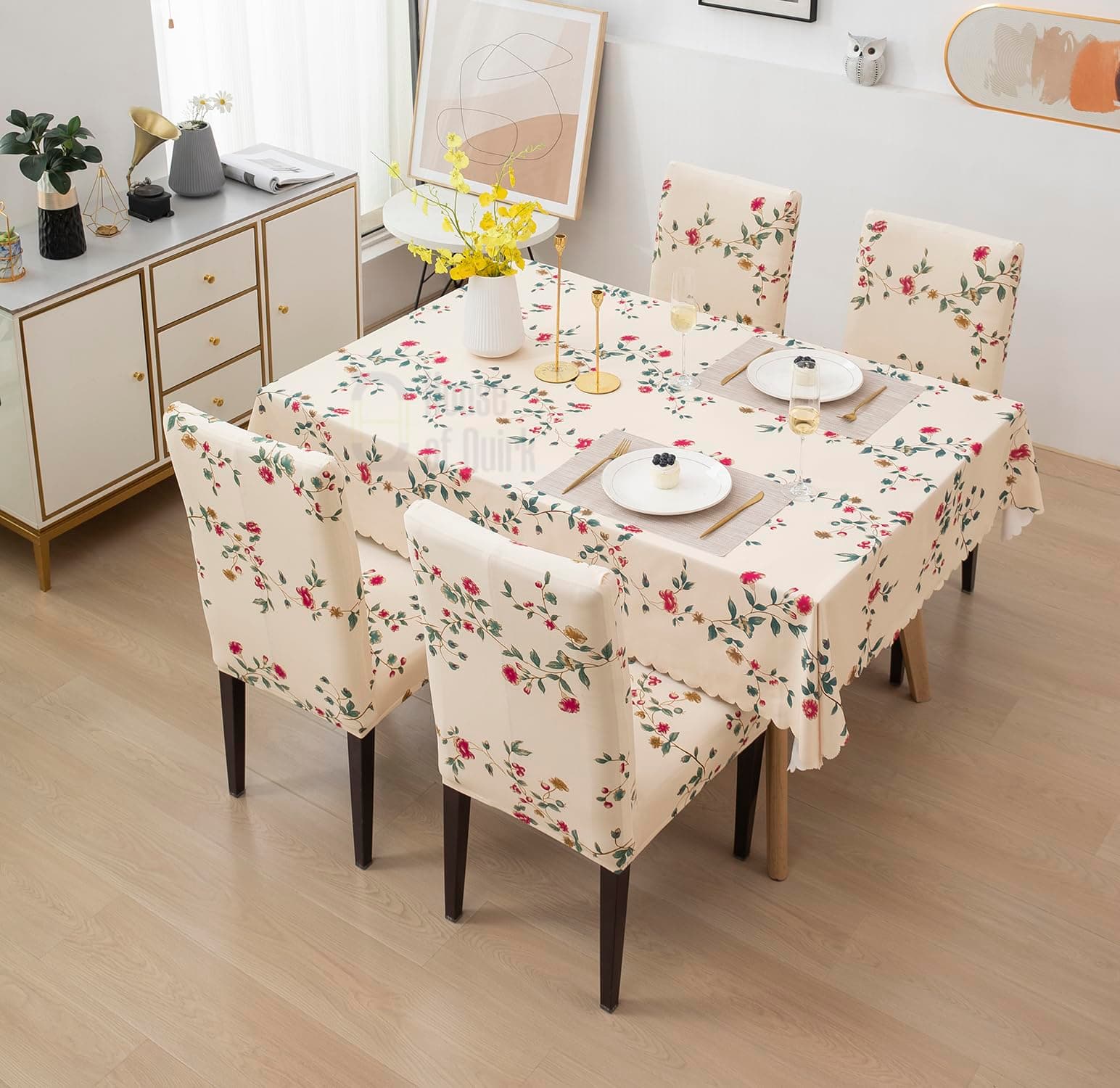 House of Quirk Polyester, Polyvinyl Chloride (PVC) Dining Chair Cover with Rectangular Table Covers for Kitchen Waterproof Dining Table Cloth (Beige Tulip, 1 Table Cover + 4 Chair Cover)