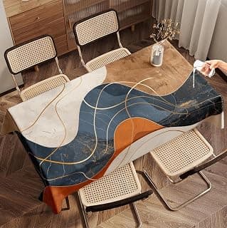 DARSHANAM WORLD Mid-Century Modern Geometric 4 Seater Tablecloth - Waterproof & Spill-Proof Fabric, Abstract Pattern Design, Washable Decorative Table Cover for Dining Room, Kitchen. (Wave Italian)