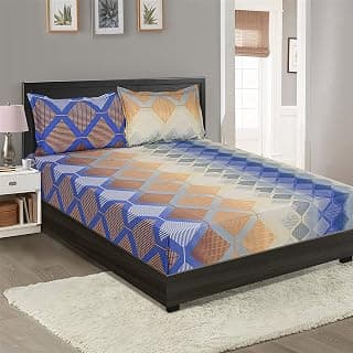 Swayam Roto Cotton Double Bedsheet with 2 Pillow Covers | Size 90 x 100 inch | 144 TC | Geometric Design | Soft Breathable Bed Sheet | Comfortable & Durable for Bedroom - Blue