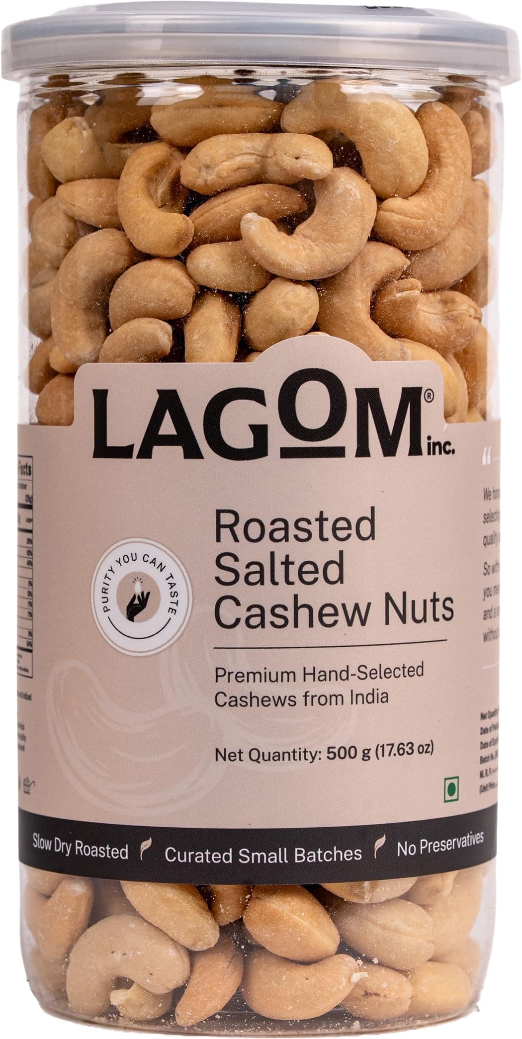 Lagom Roasted Salted Cashew Nuts 500g | Lightly Salted Kaju, Dry Roasted | Small Batch Roasted, Crunchy & Flavorful | No Preservatives | Vegan, Gluten Free, Non-GMO
