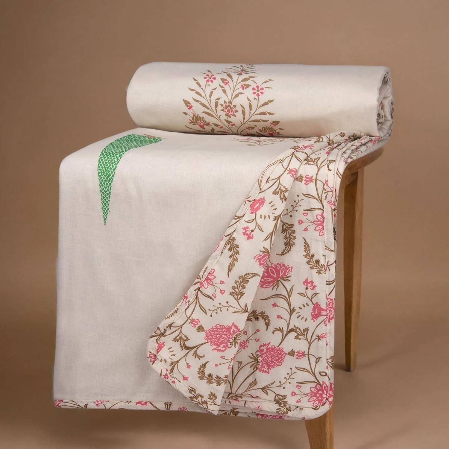 HUESLAND 100% Cotton Reversible Dohar Single Bed Cotton | Soft Cambric Weave, Lightweight AC Blanket for Summer & All Weather Use | 56 x 89 inches, Botanical Fusion - Ivory, Brown & Pink