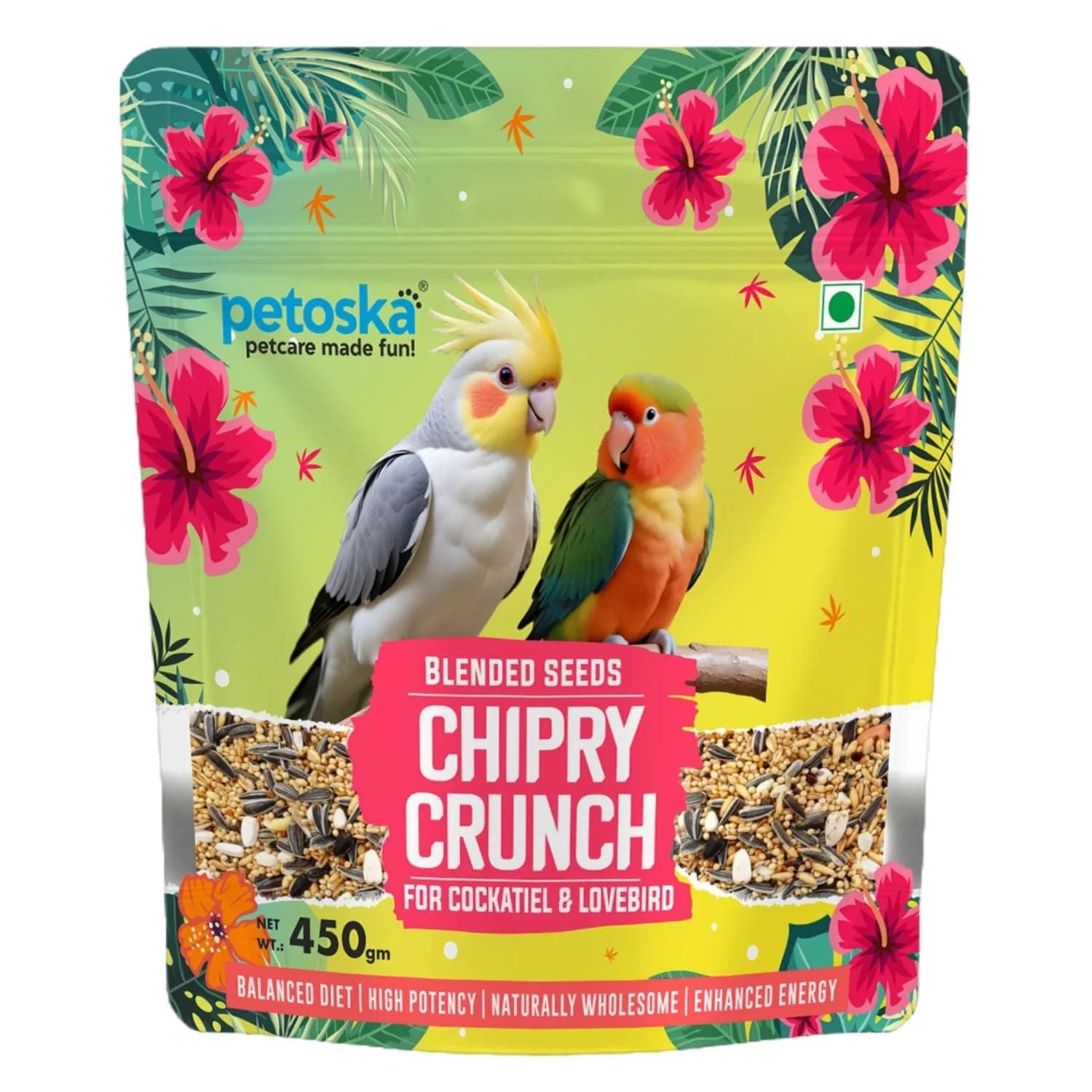 Petoska Chirpy Crunch Blended Seeds | Cockatiel & Lovebirds | Balanced Nutrition | Natural Seed Mix with Millets, Sunflower & Safflower | 450 g
