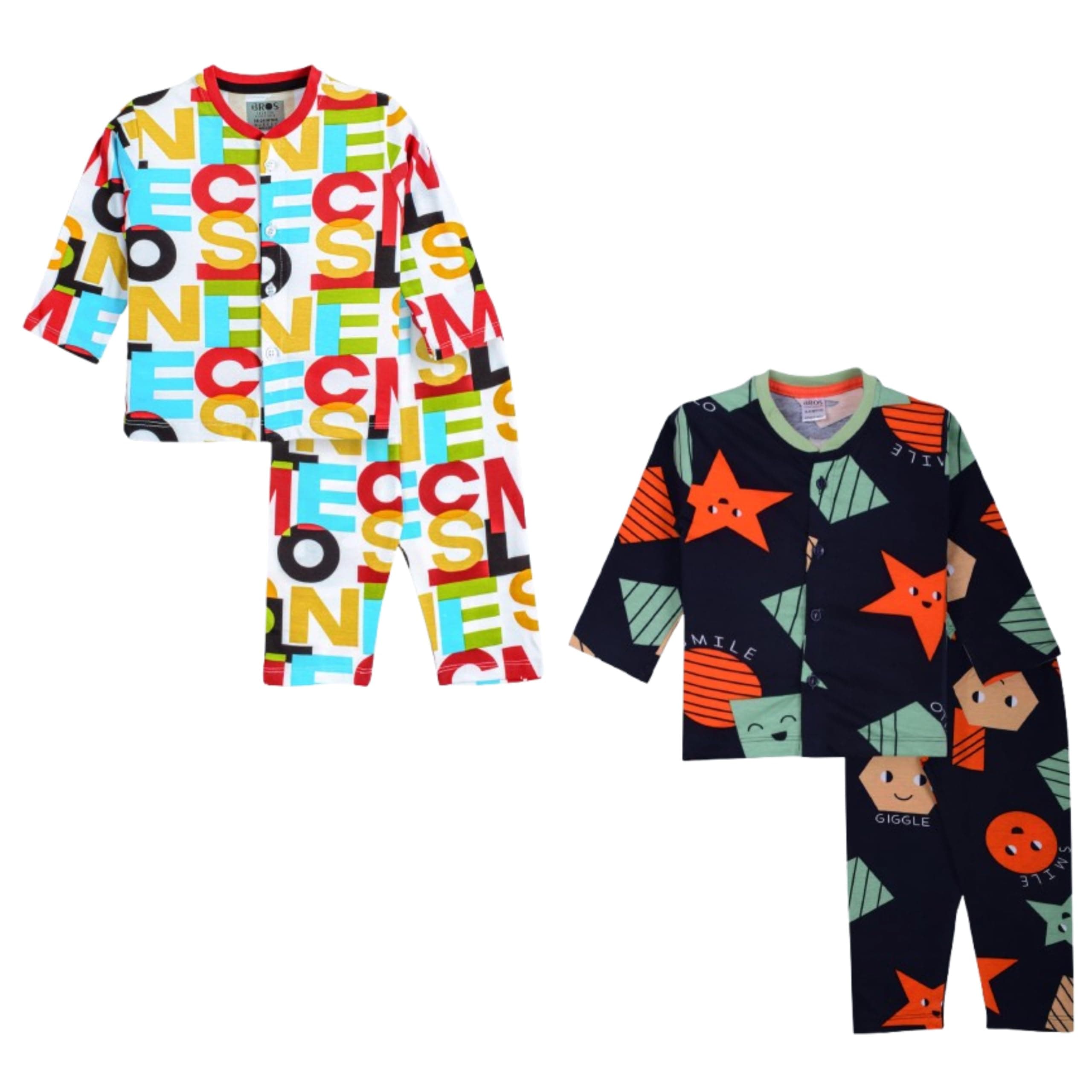 3BROS Kids Pure Cotton Night Suit Set | Boys Girls Printed Sleepwear Shirt & Pajama Clothing Combo | Soft Breathable Night Dress Outfit | Pack of 2