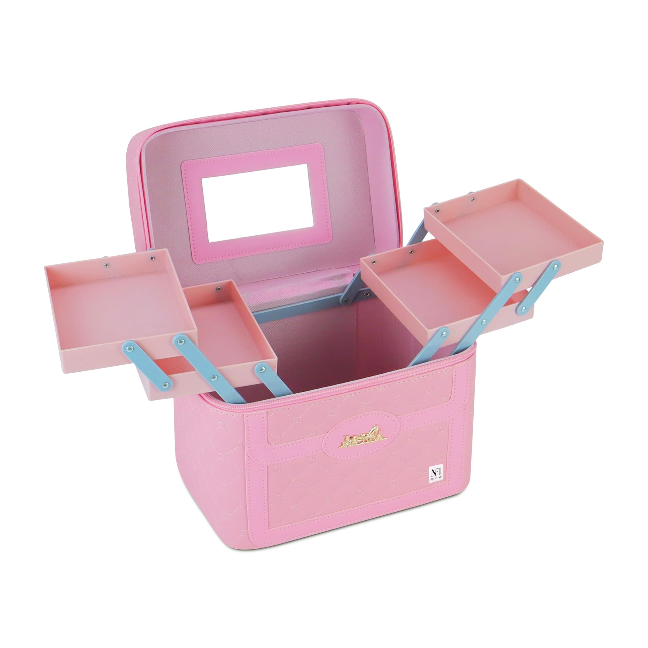 NFI essentials Pu Makeup Box with Mirror 4 Layer Foldable Tray, Cosmetic Organizer for Women, Vanity Bridal Trousseau Box,Pink (Pink new)