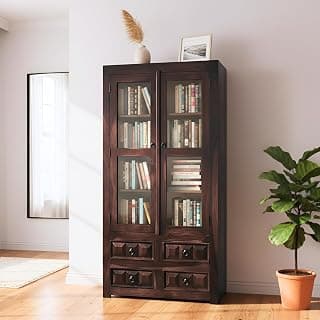SONA ART & CRAFTS Diamond Book Shelf Wooden with Acrylic Glass Door & 4 Drawers | Multipurpose Solid Wood Bookshelf for Home & Office | Book Rack for Library Room & Study Room (Walnut Finish)