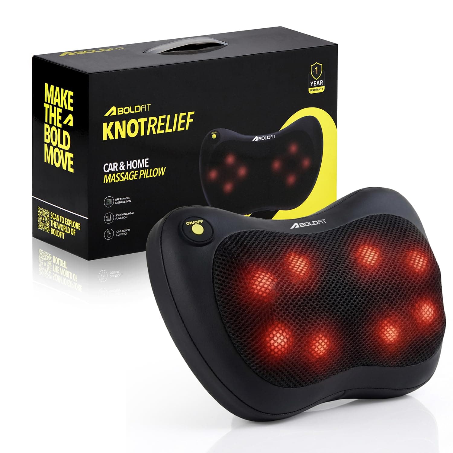 Boldfit KnotRelief Electric Shiatsu Back & Neck Massager, 4 Deep-Kneading Nodes, Infrared Heat, Bi-Directional Rotation, Portable Back Massager for Pain Relief, Car & Home Use, 1-Year Warranty