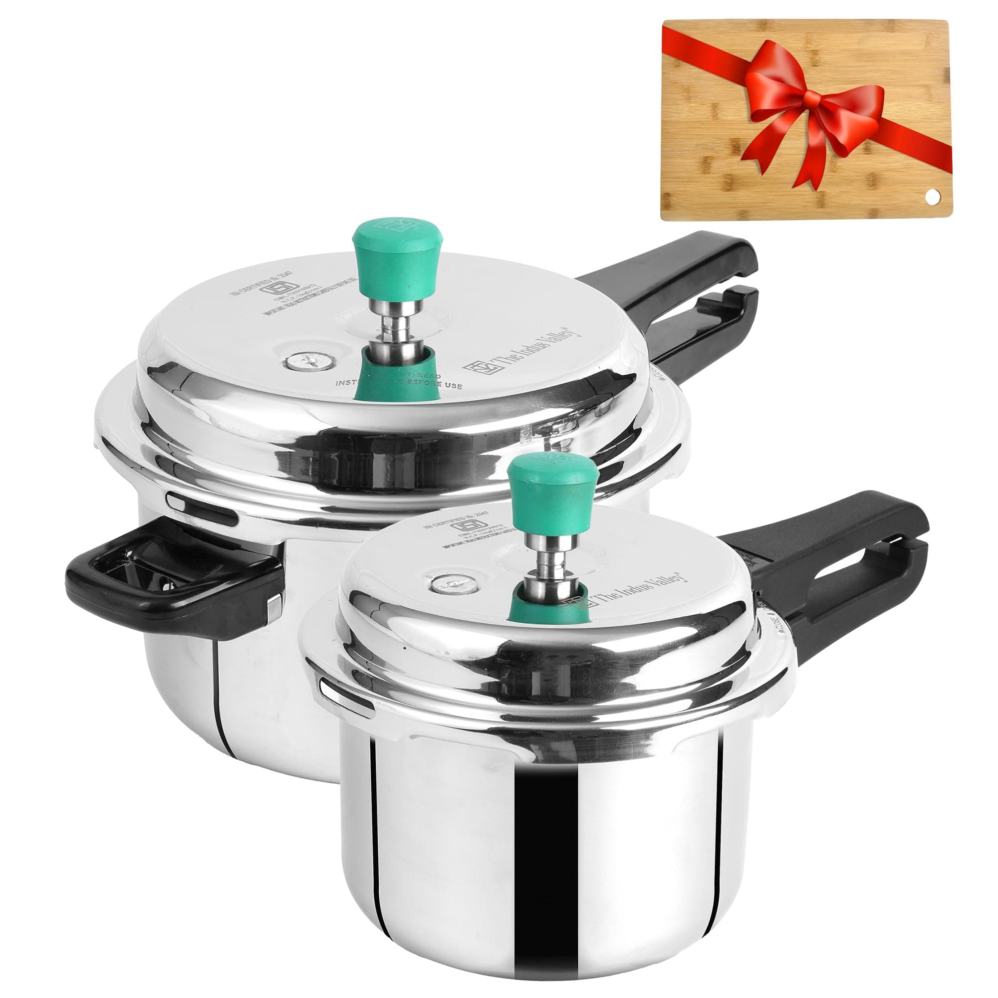 The Indus Valley Triply Stainless Steel Pressure Cooker Outer Lid Combo + Free Wooden Chopping Board | 3Ltr & 5Ltr | Induction Friendly | ISI-Certified, Nonstick 3-Layer Body, 100% Pure & Toxin-Free