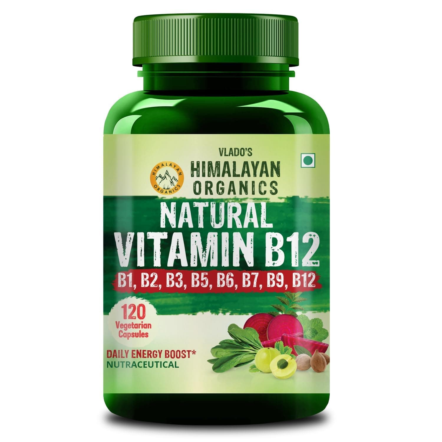 Vlado's Himalayan Organics Plant Based Vitamin B12 Supplement | B1,B2,B3,B5,B6,B7,B9,Moringa| Boost Energy Level | For Memory, Brain, Heart & Nervous System Support | B12 supplement for Men & Women - 120 Veg Capsules