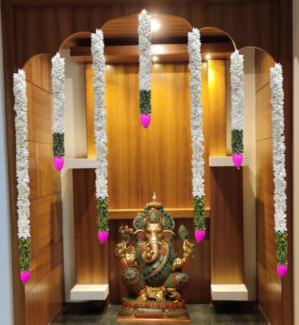 KAAS Fabric White Gajra Jasmine Flower Garland Lotus Ladi Strings | For Ganpati, Wedding, Event Decor, Diwali, Pooja/Temple/Mandir, 7 Strings Total, 2.5 ft - 4 Pieces, 1.5 ft - 3 Pieces