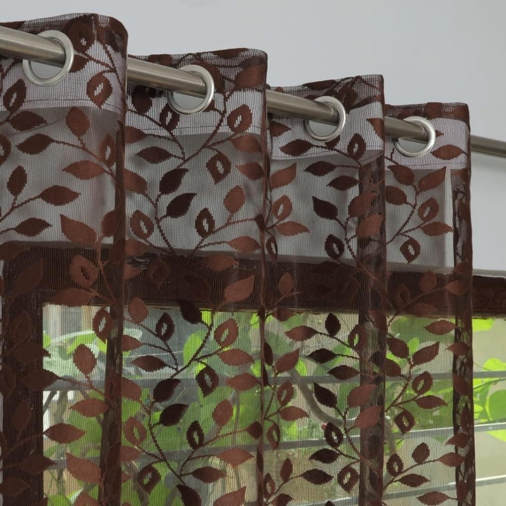 DECOROLOGY Leaf Pattern Heavy Net Sheer Curtains 7 Feet Set of 1 – Brown, Light Filtering Drapes with Grommet for Living Room & Bedroom Doors & Windows