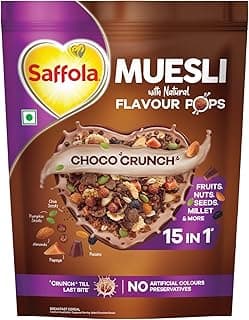 Saffola Muesli Choco Crunch with Flavour Pops, 400 gm/450 gm | 15 in 1 Fruit and Nuts, Seeds, Millet & more | Cereals for breakfast with wholegrain, protein, fibre