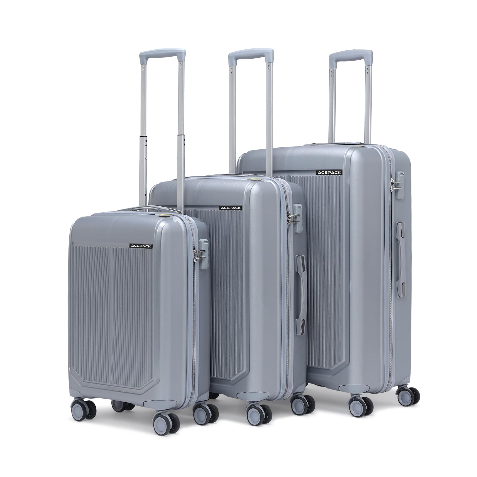 ACEPACK By Verage Megatron Family Set of 3 Pcs Lightweight Luggage – Unbreakable Polypropylene, Smooth Glide 8 Wheels, Built-in Number Lock, 3-Yearss Warranty (Set of 3) (Silver)