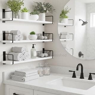 Wall Shelf Mounted Bathroom Shelves Set of 3, White Rustic Wood Floating Shelves with Metal Brackets Storage Display Rack Toiletries Organizer Kitchen Bedroom Living Room 23.5"