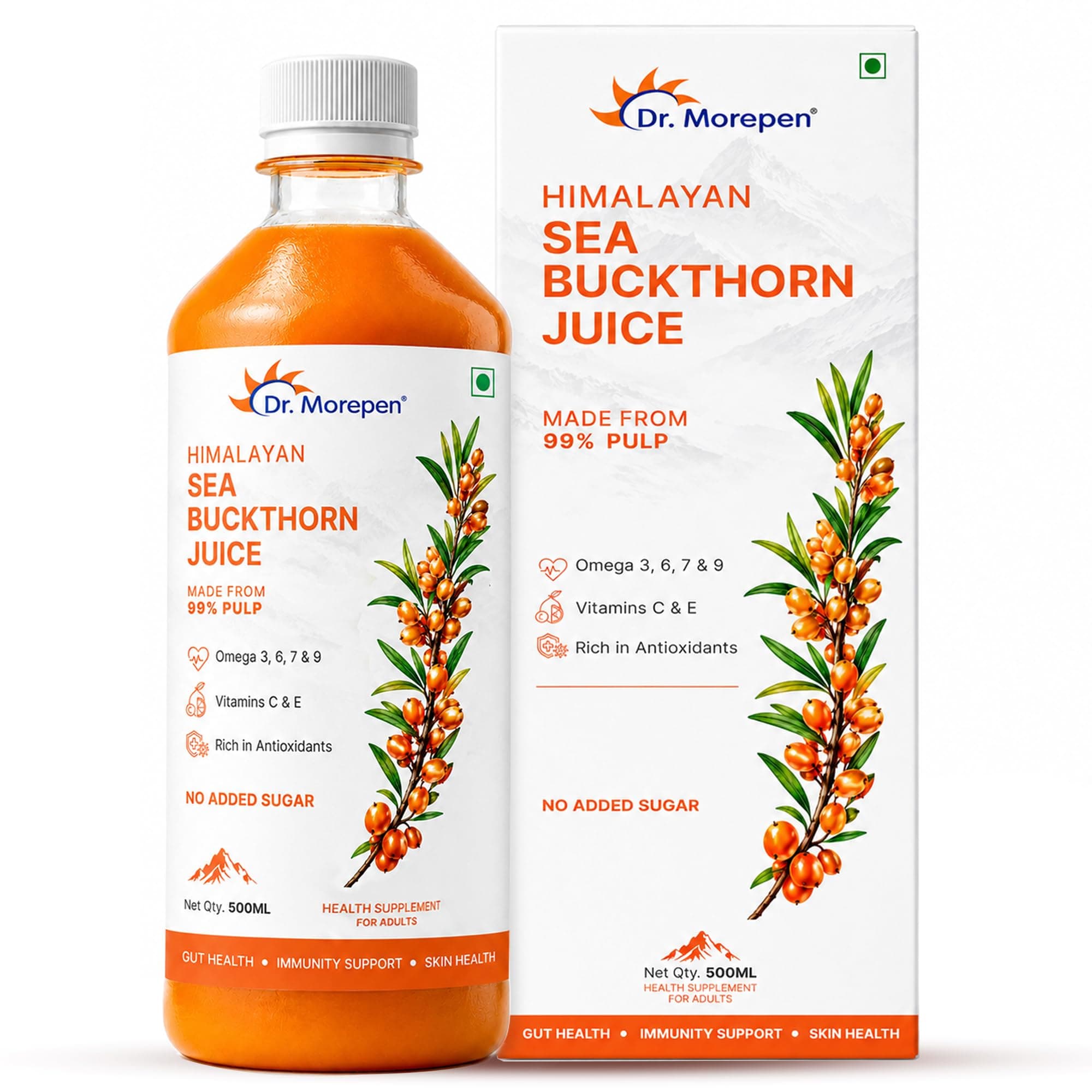 Dr. Morepen Himalayan Sea Buckthorn Juice 500ml | 99% Pulp | Natural Source of Vitamin C, Omega 3, 6, 7, 9 & Antioxidants | No Added Sugar | Supports Immunity, Skin Health & Gut Health | 100% Vegan