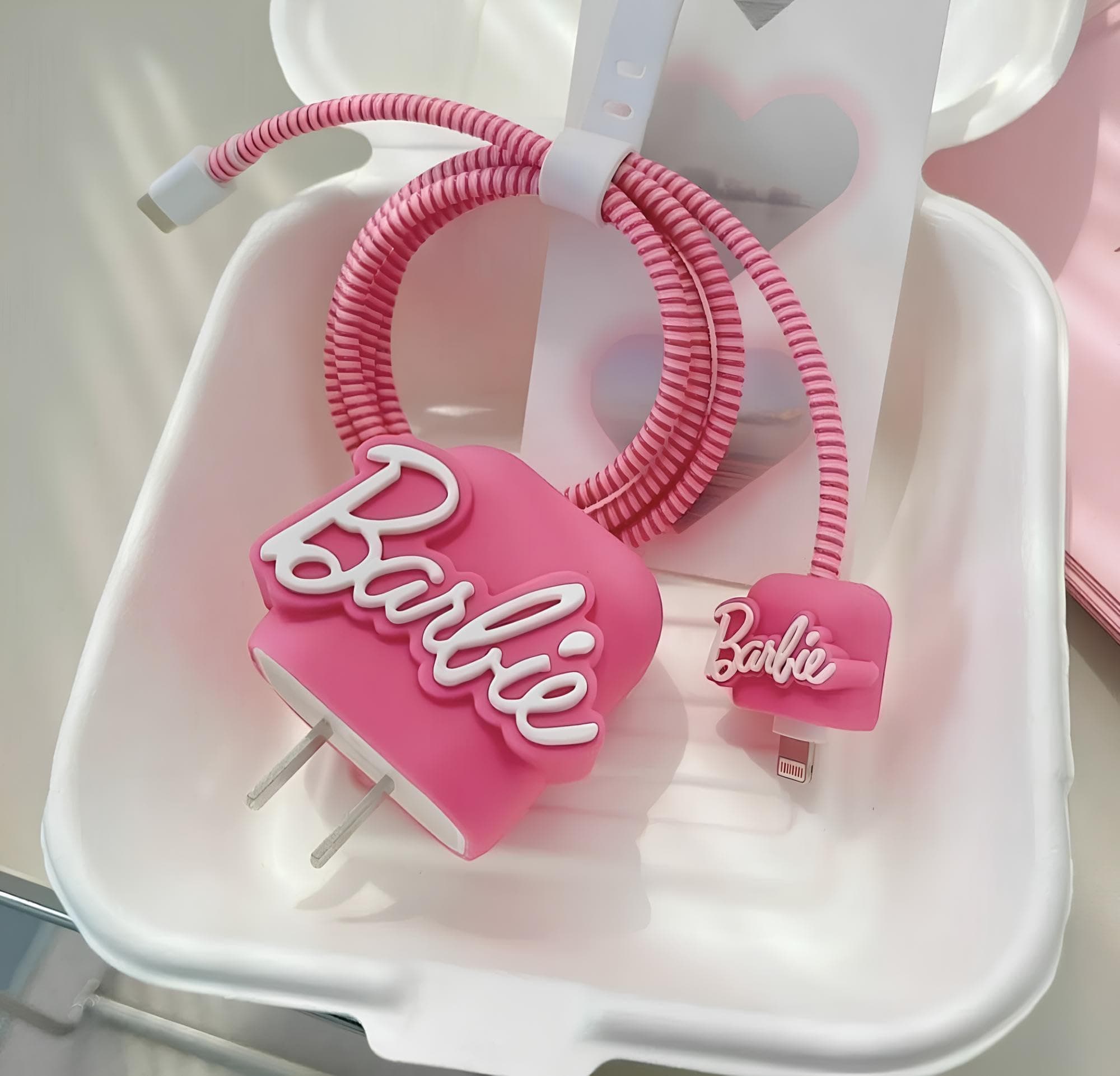 skysia® Charger Protector and Cable Protector for iPhone (18W-20W) - 3D Cute Pattern, Data Line Wire Saver, Full Protection Cover 4 in 1 - Multicolored (One Piece) (Barbie Baby Pink)