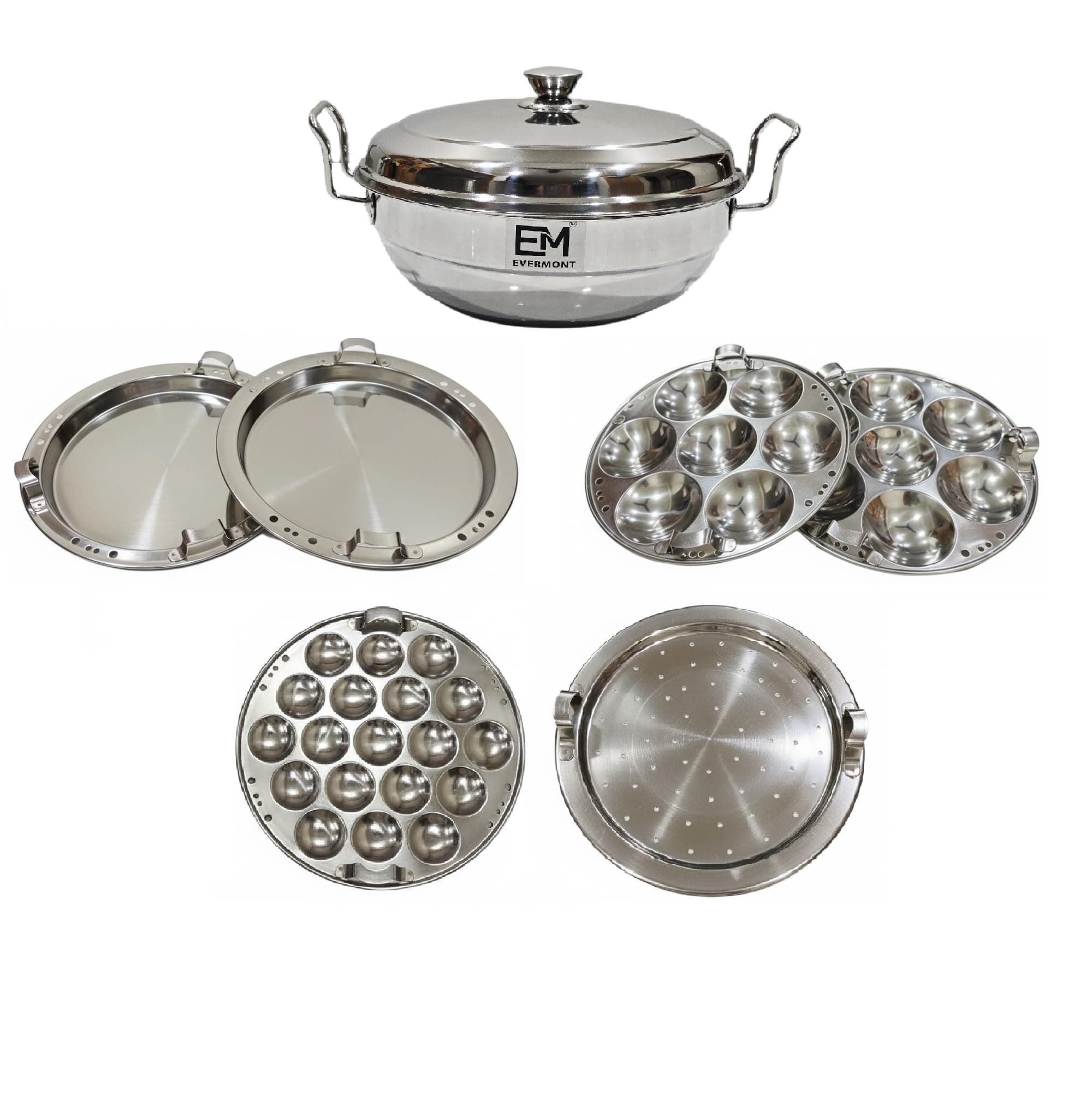 EVERMONT Stainless Steel Multi-Purpose Idli Maker & Steamer for Kitchen | 6 Plates (2 Idli, 2 Dhokla,1 Mini Idli, 1 Steamer) | Induction & Gas Compatible Multi Kadai | Steamer for Momos, Modak & Vegetables | Heavy Bottom SS 304