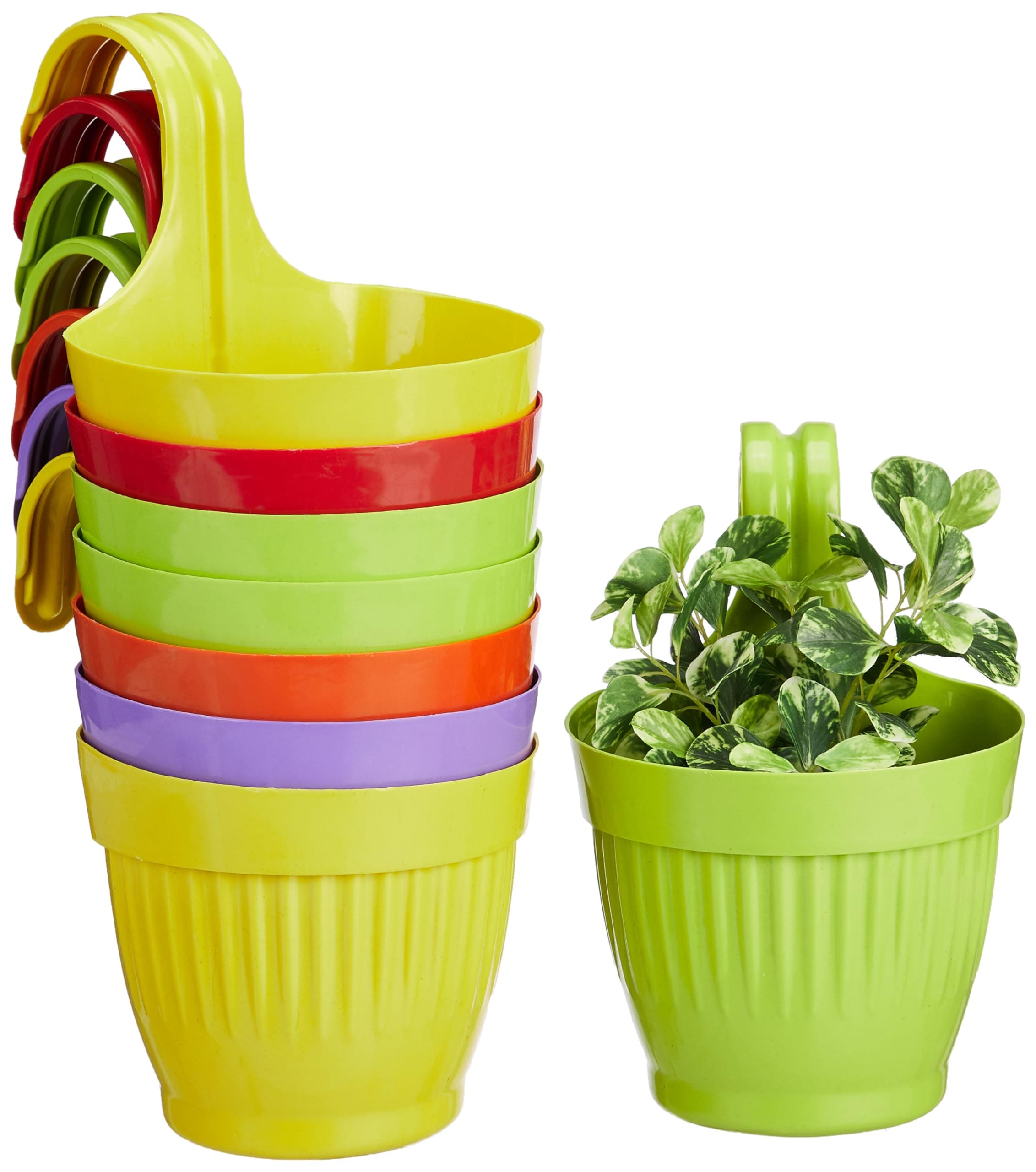 Amazon Brand Solimo 100% Virgin Plastic Hanging Planter | Hanging/Hooked Flower Pots for Home, Terrace, Balcony Garden Decoration (Multicolour) | 6.8 Inch (Set of 8)