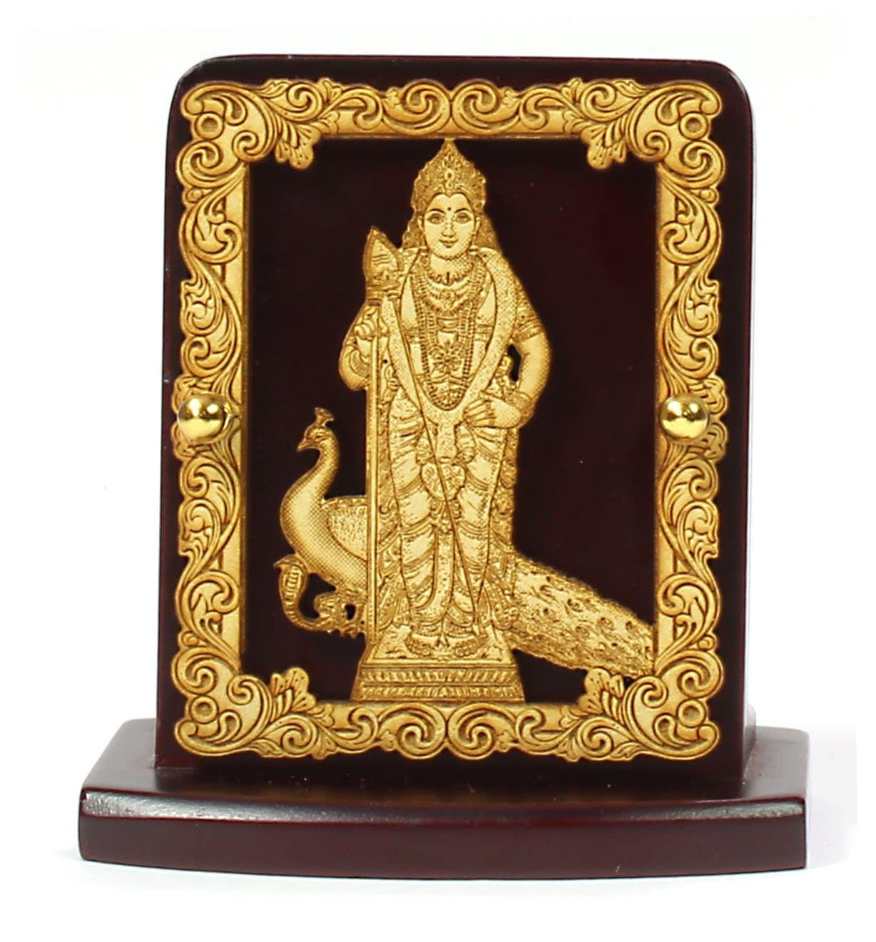 Eknoor Wooden Carved Kartikeya Ji for Home and Car Dashboard | Premium Wooden Carved Finish God Idol on Wooden Carved Frame for Puja Ghar, Office Desk | 4x7.5x7 CM
