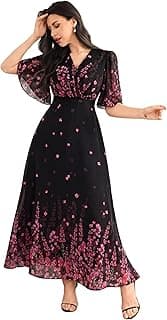 Nautiful Women's Georgette Dresses Floral Printed One Piece | V Neck Flutter Sleeve Casual Summer Dress with Belt | Elegant Office Wear & Party Dress
