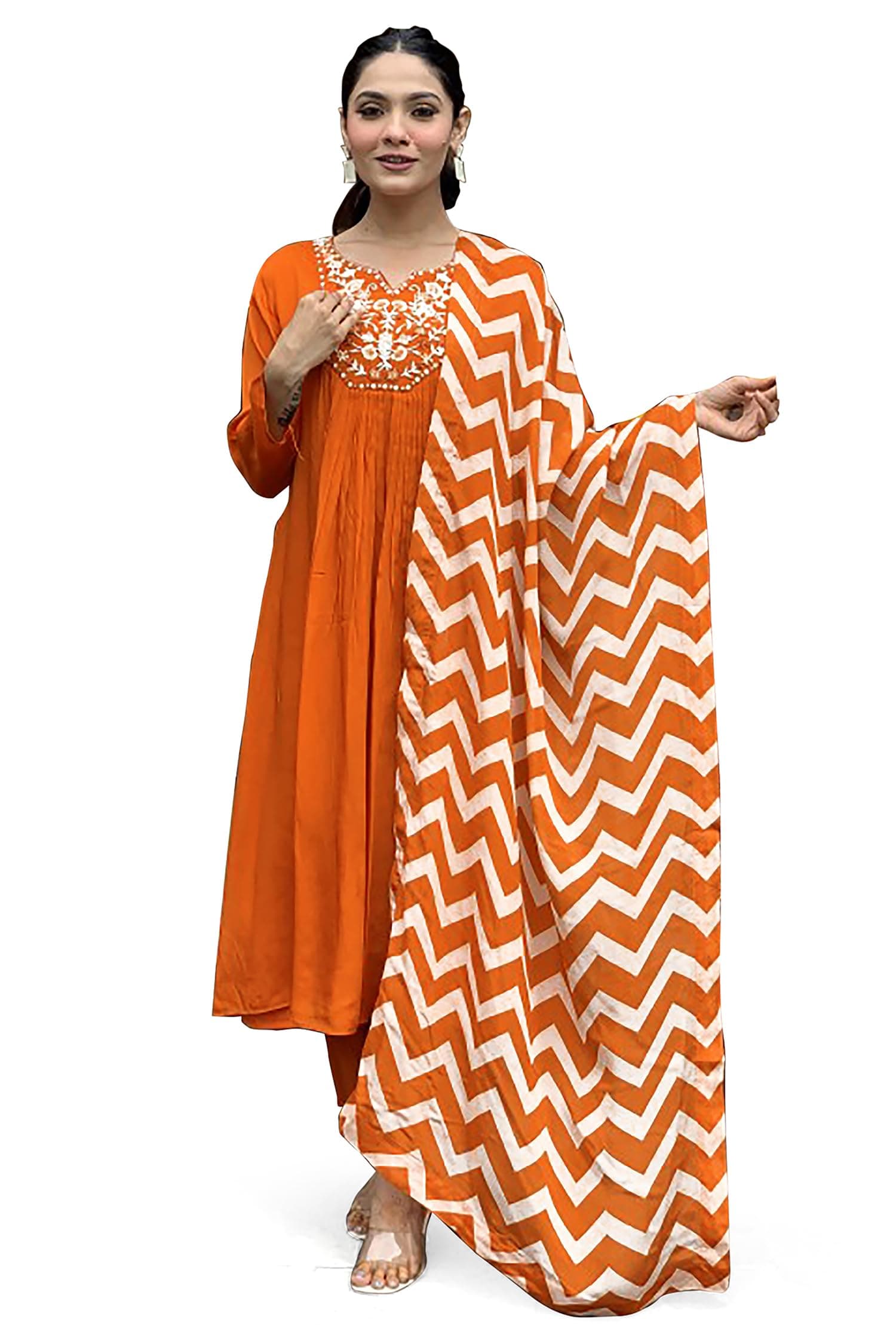 Jwalin Women's Chinon Silk Kurta Pant Set with Dupatta|Kurta Set for Women|Ethnic Set