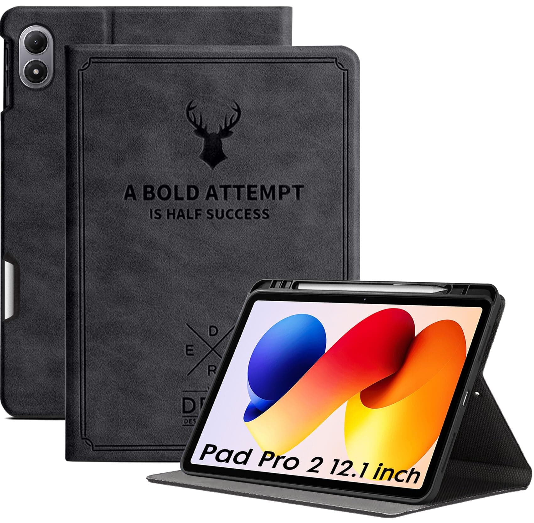Robustrion Cover for Redmi Pad 2 Pro 12.1 inch Cover Case with Pencil Holder, Deer Flip Cover Case for Redmi Pad 2 Pro 5G Tablet Cover [Auto Sleep Wake Support] - Black