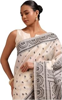 Soch Womens Off White And Black Tussar Woven Design Saree