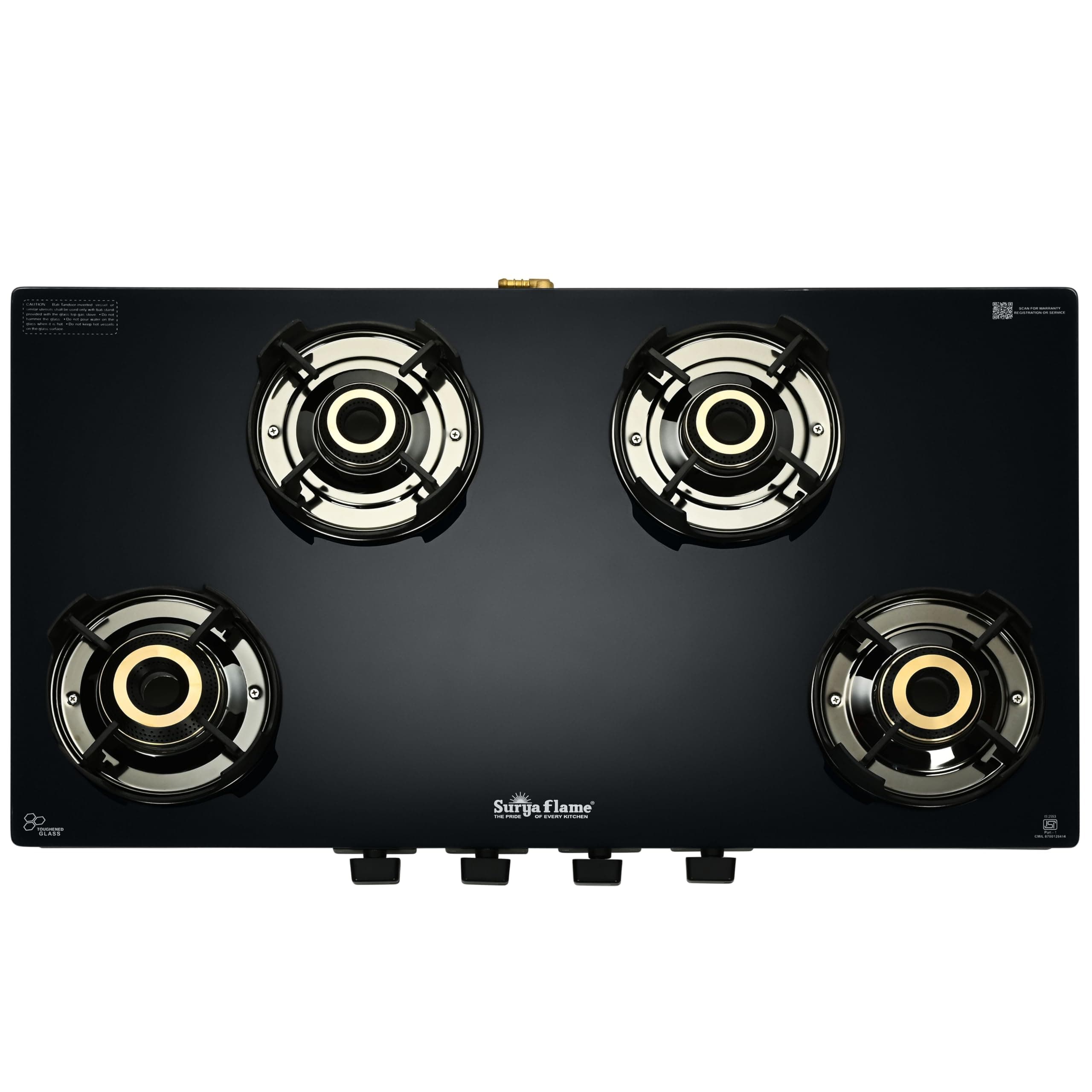 Surya Flame Neo Turbo Gas Stove 4 Burners Glass Top | 5 Years Warranty | 4 Burner Stove, 4 Burner Gas Stove Glass Top, 6G Brass Burners with Jumbo Burner, Flame Guard Pan Support & Metal knobs