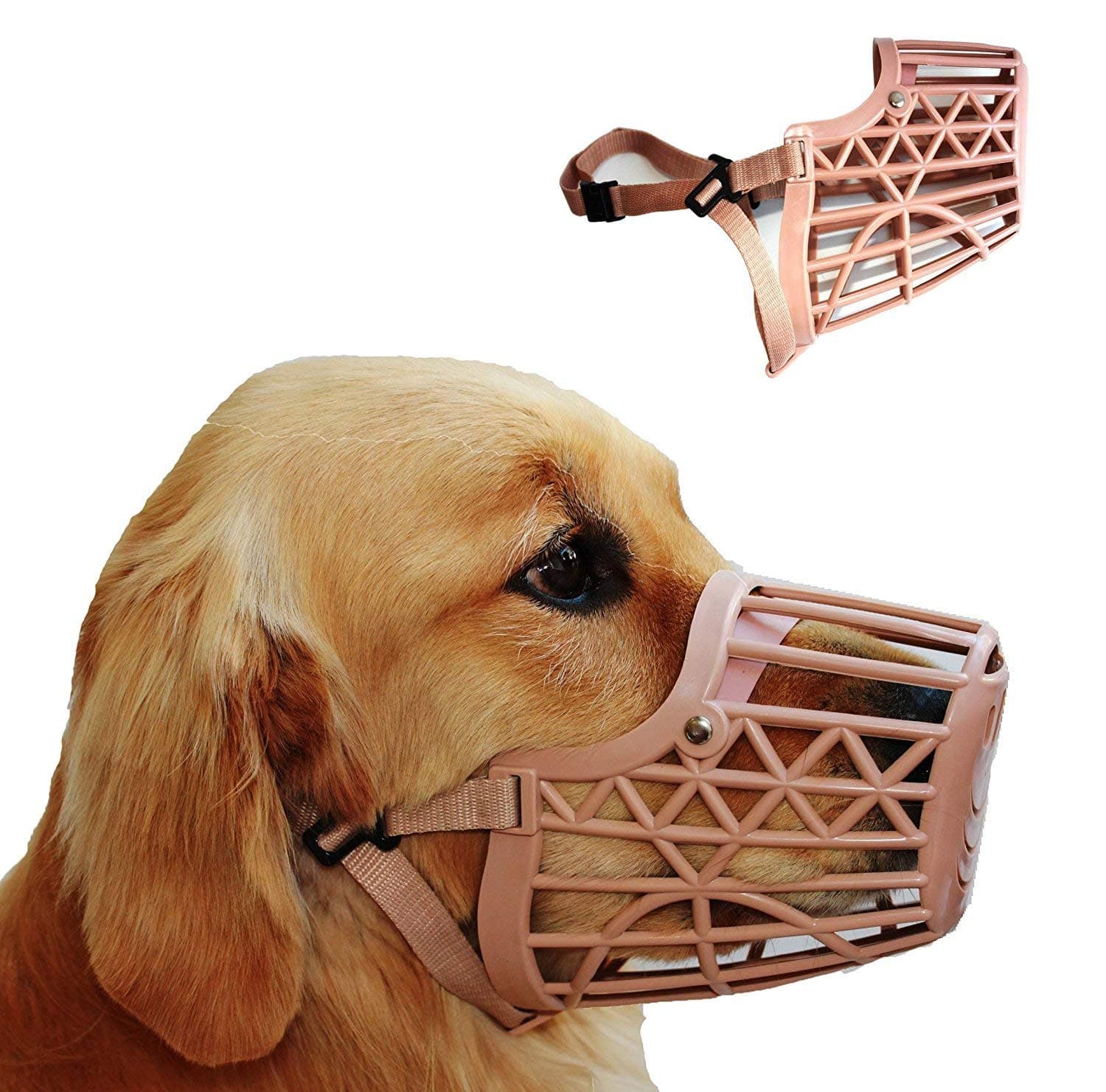PSK PET MART Durable & Adjustable Dog Muzzle for Barking & Chewing | Secure Anti-Bite Pet Mouth Cover | Breathable Basket Cage & Safety Collar for Dogs (Beige, No. - 5 (L))