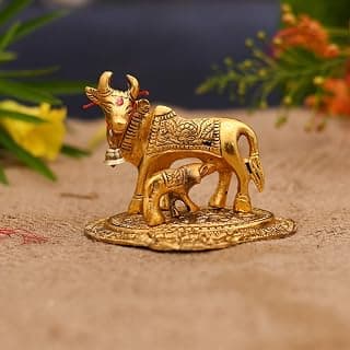 Collectible India Kamdhenu Cow with Calf Metal Statue Figurine Decorative Gift Item Showpiece for Home Decor - Diwali Decorations Religious Items for Home (Set of 1), Golden, Figures;People;Religion