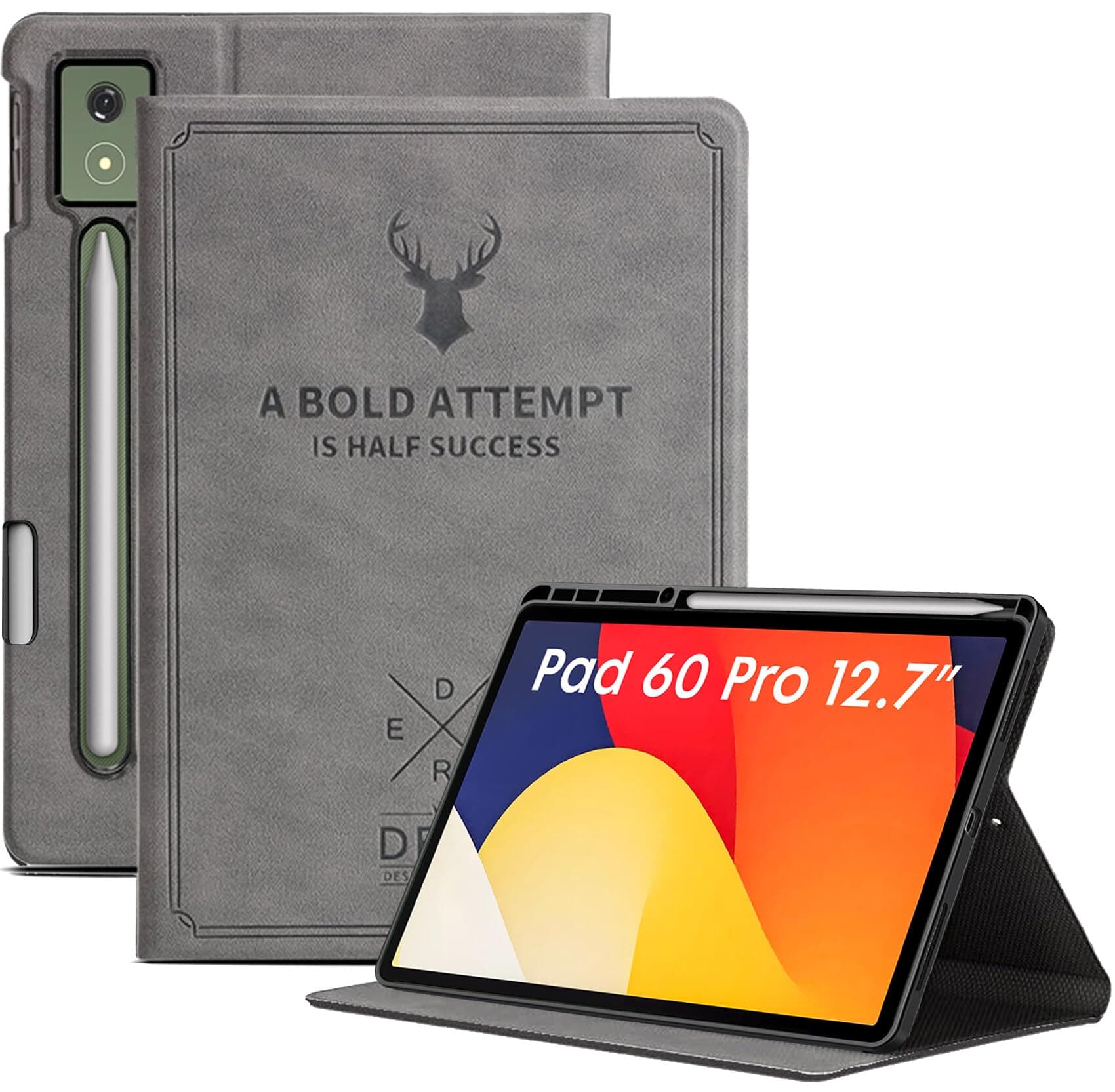 Robustrion Case for Moto Pad 60 Pro 12.7 inch Cover Case with [Pencil Holder], Deer Pattern Flip Cover for Motorola Pad 60 Pro Cover 12.7 inch [Auto Sleep Wake Support] - Grey