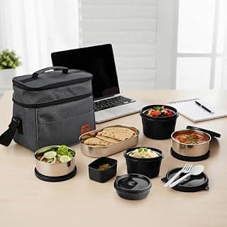 CELLO MF All Day Meal Lunch Box with Bag, Grey | Microwave Safe Containers (550ml,375ml,225ml) + Steel Containers (500ml, 300ml) + Chutney Dabba 130ml, Spoon & Fork Set | Leakproof Tiffin for Office