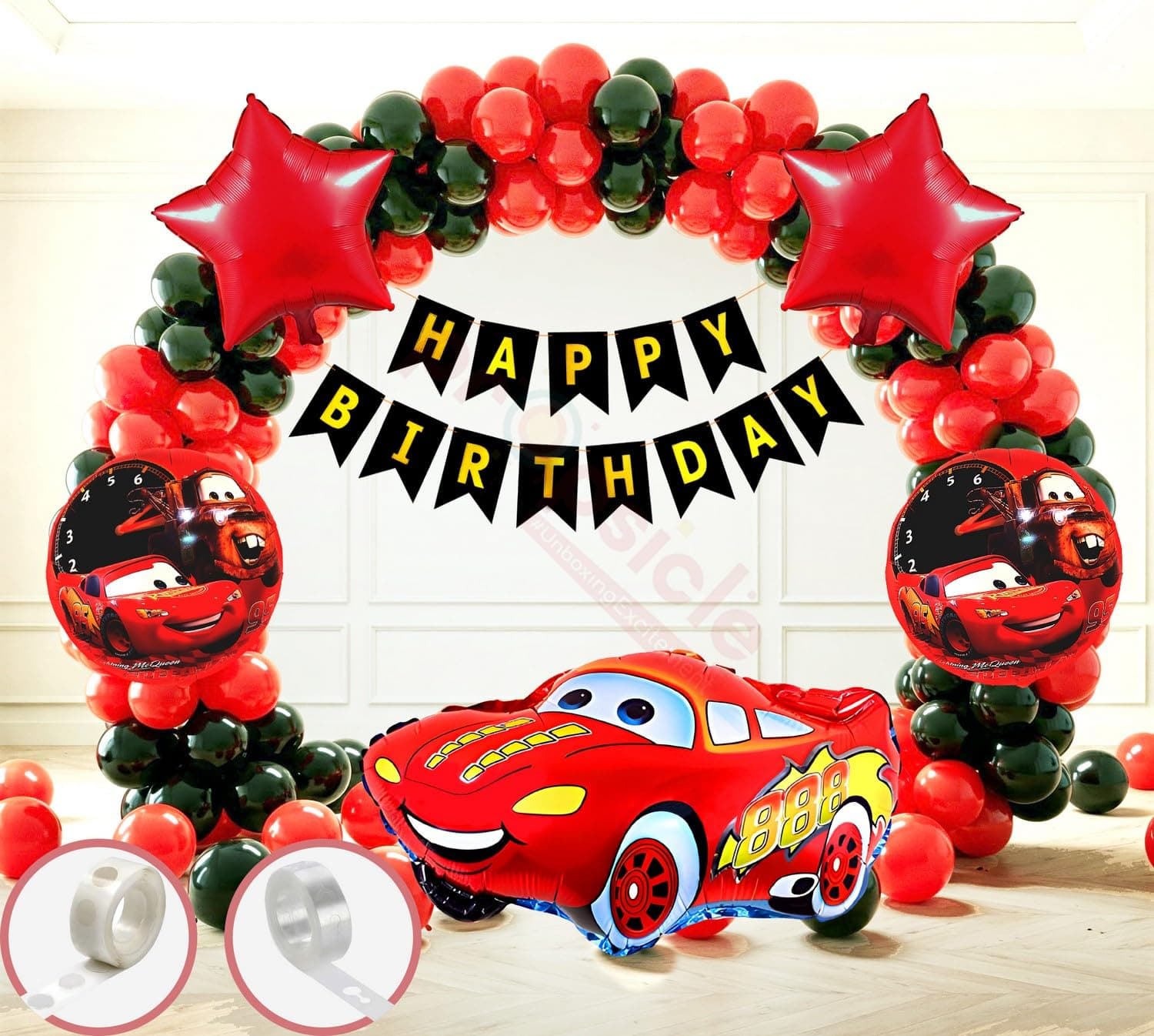 Propsicle Car Theme Birthday Decoration Kit for Boys - (Pack of 104) Black & Red Balloons, Happy Birthday Banner, Race Car Foil Balloons, Arch Tape & Glue Dots, Racing Party Backdrop Décor