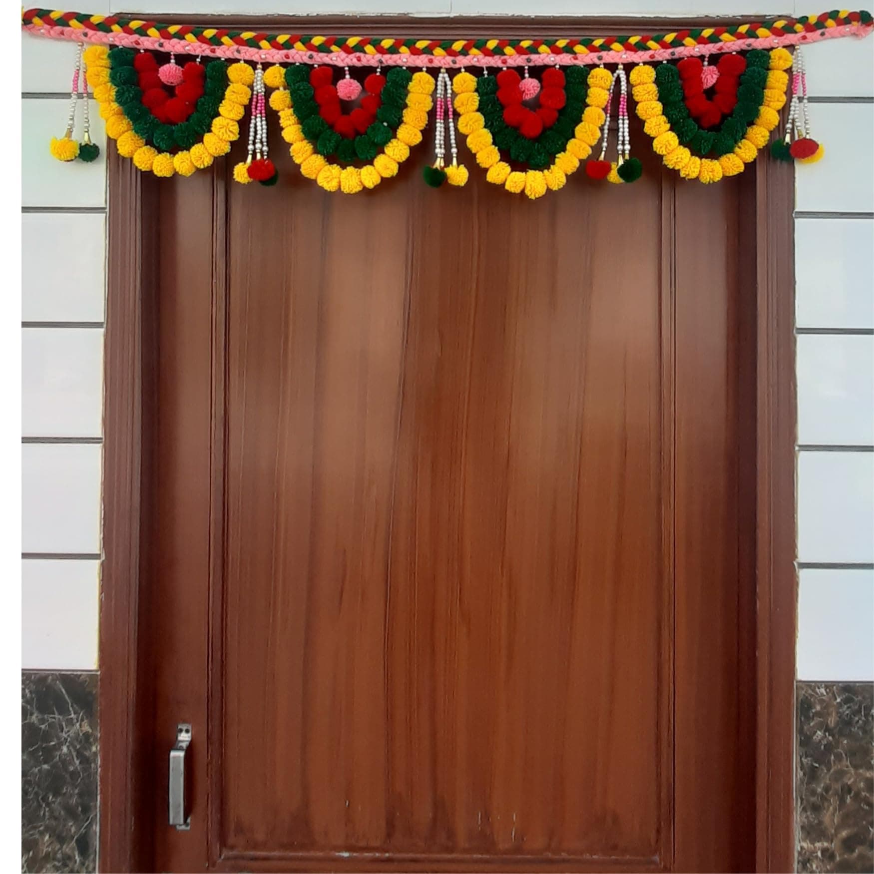SATVIK CREATIONS Door Toran Garland - Traditional Diwali Decoration with Pom Poms, Red Yellow Green Hanging, Festive Indian Home Decor, 3ft