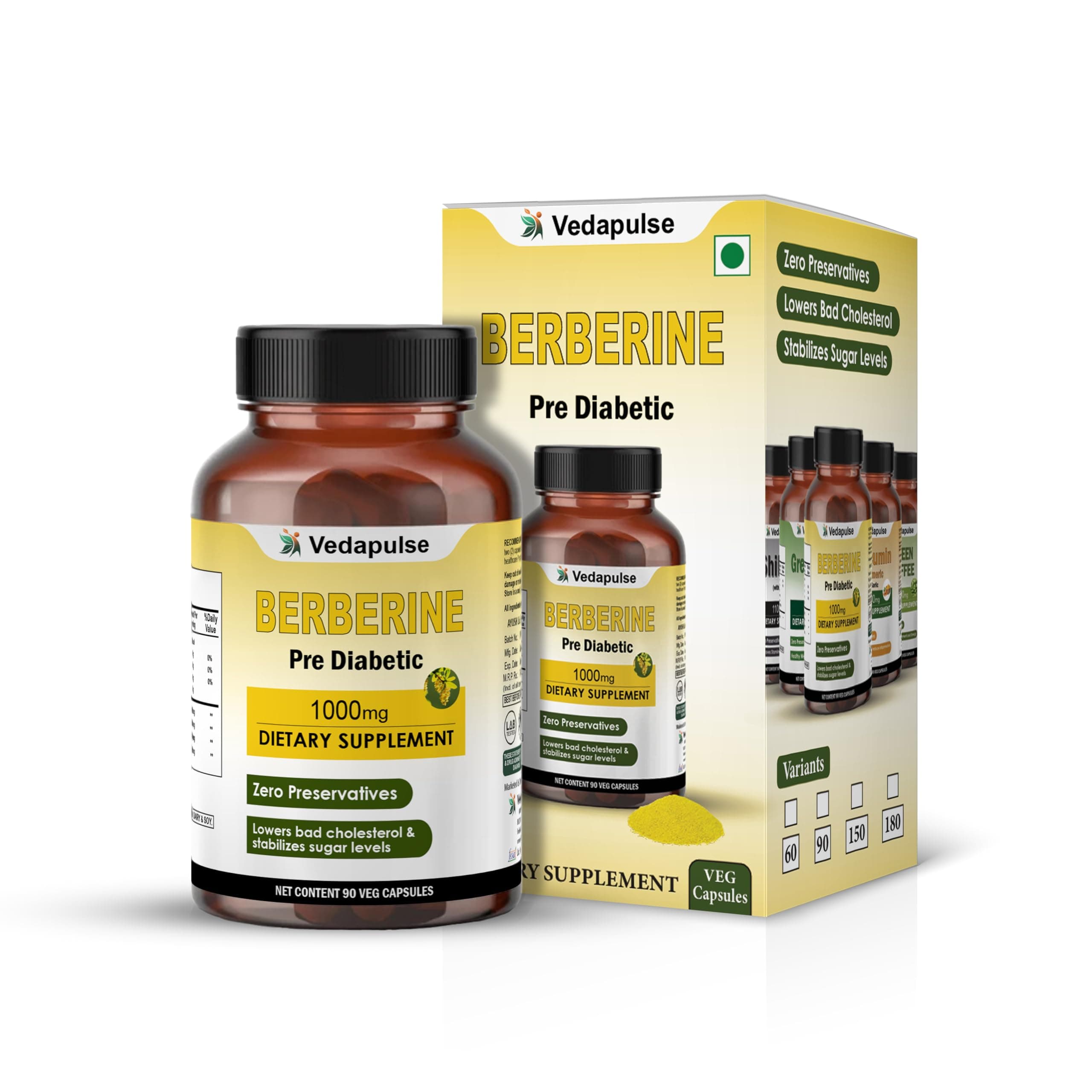 Vedapulse Berberine Herbal Supplement 1000mg | Supports Healthy Blood Sugar Levels & Metabolism | With Vitamins & Minerals | Helps in Sugar Management | 90 Veg Capsules