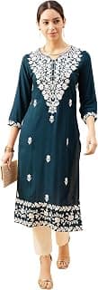 Bee M Pee Designer Women's Petrol Blue Rayon Floral Embroidered Calf Length Kurta with Round Neck | 3/4 Raglan Sleeves Straight Hemline and Pocket
