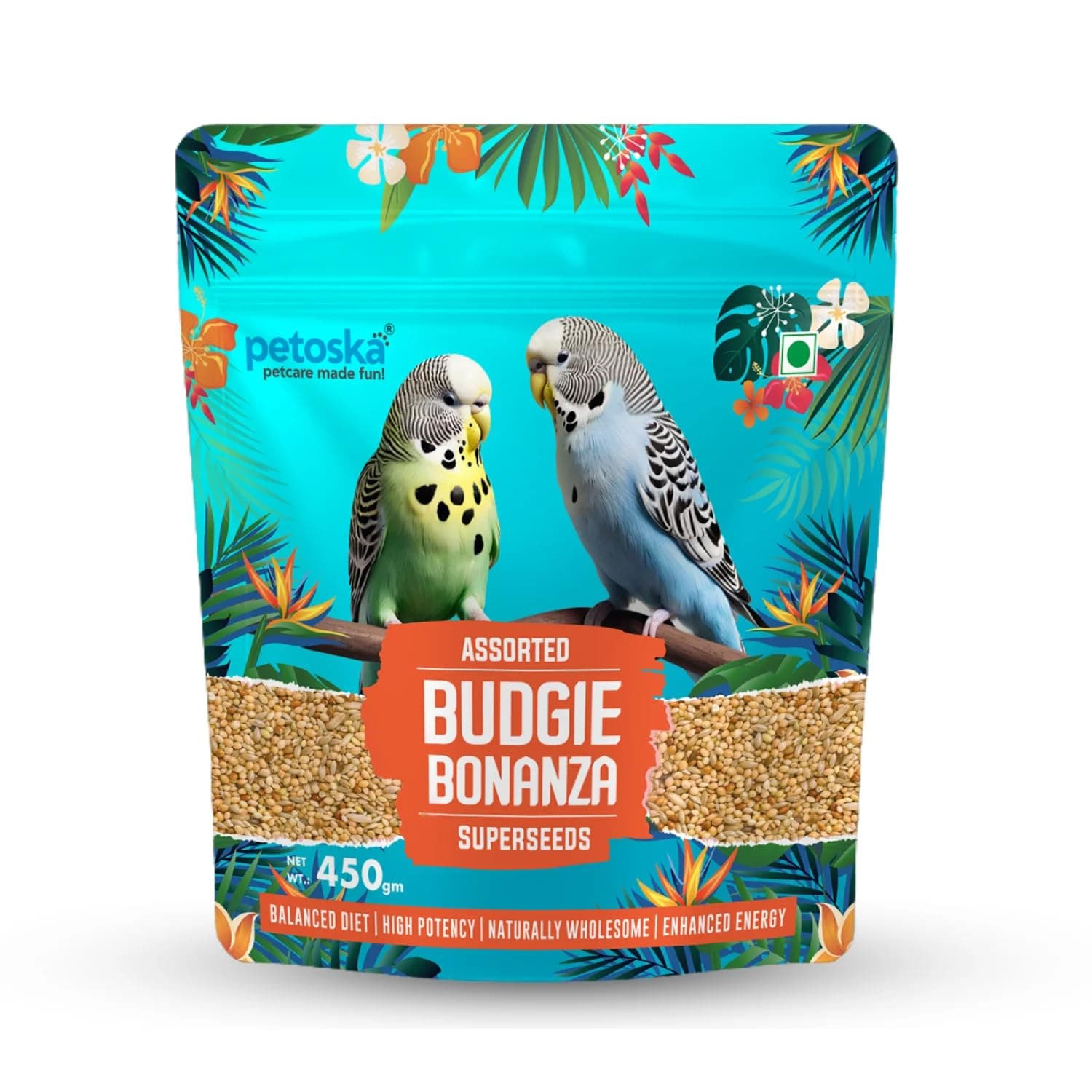 Petoska Budgie Bonanza Super Seeds | Balanced Daily Seed Mix for Budgies | Naturally Nourishing | Wholesome Variety | Supports Active Birds | 450 g
