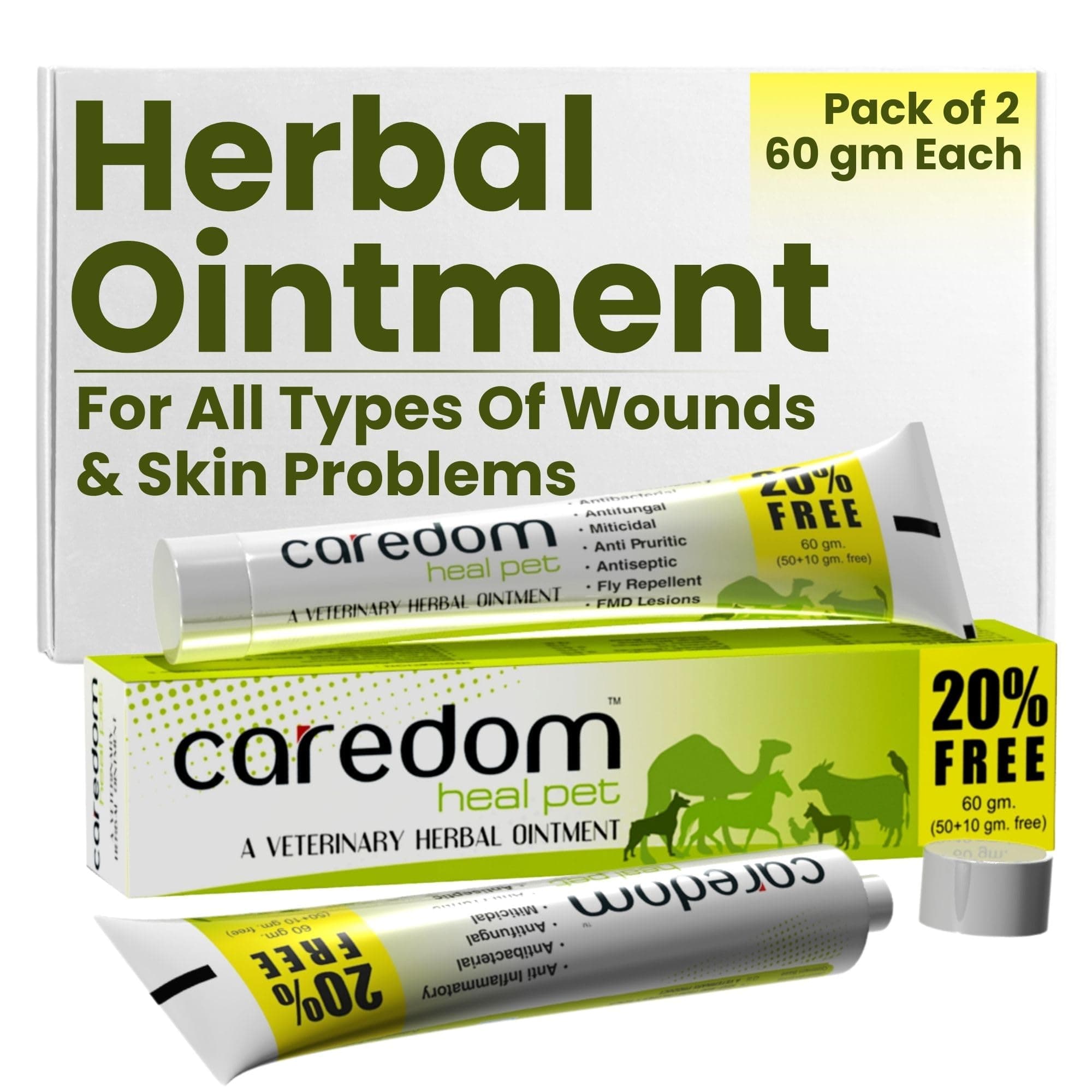 Caredom Heal Pet Ayurvedic Rash Cream For Pets | Antifungal Herbal Ointment & Burn Ointment, Cuts, Wounds, Ringworm & Eczema | Dog Skin Infection Treatment & F.M.D Lesions in All Pet | 60 gm Pack of 2