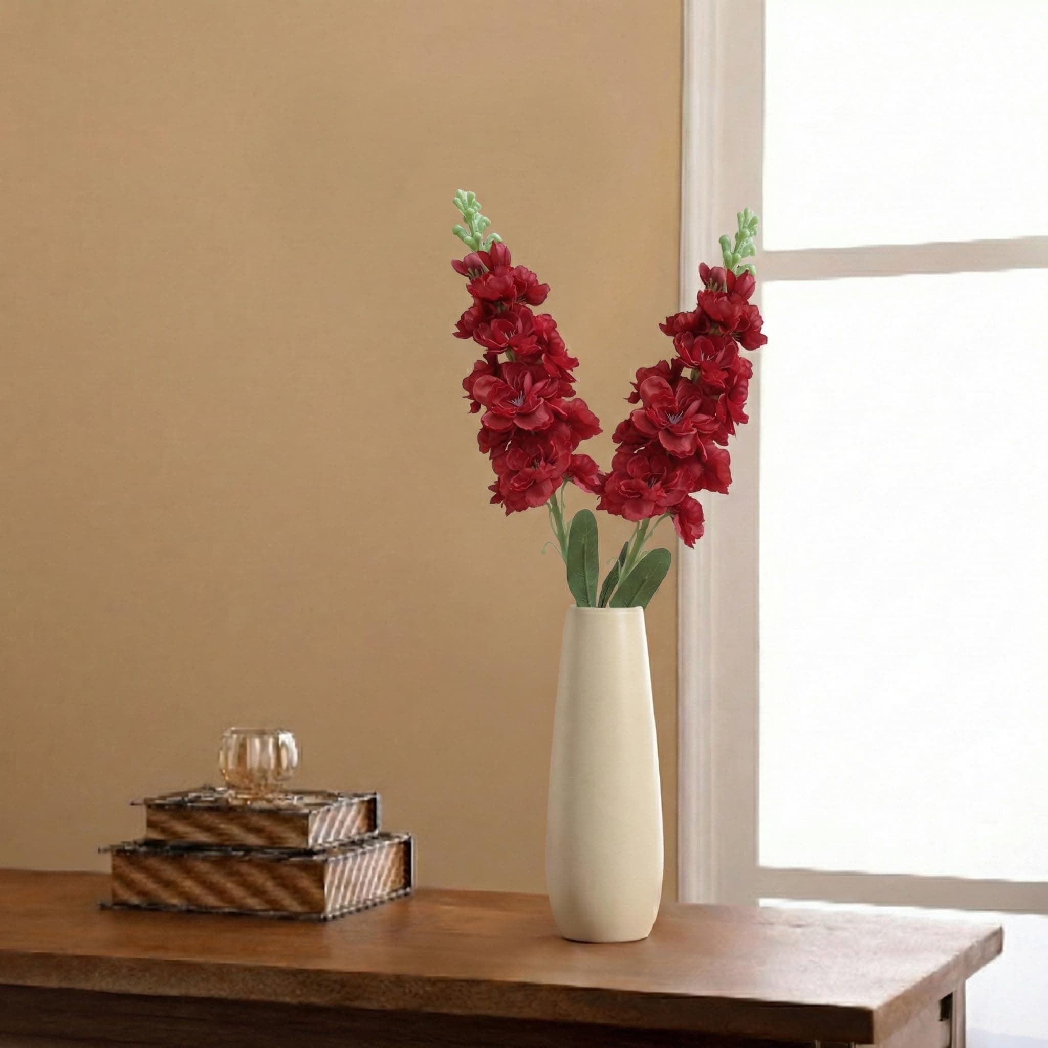 Decor & More 2 PCS Realistic Silk Delphinium Long Stem Artificial Flowers Bunch Without Pot | Artificial Flower for Decoration | Long Artificial Flowers for Big Vase | Home & Restaurant (Without Pot)