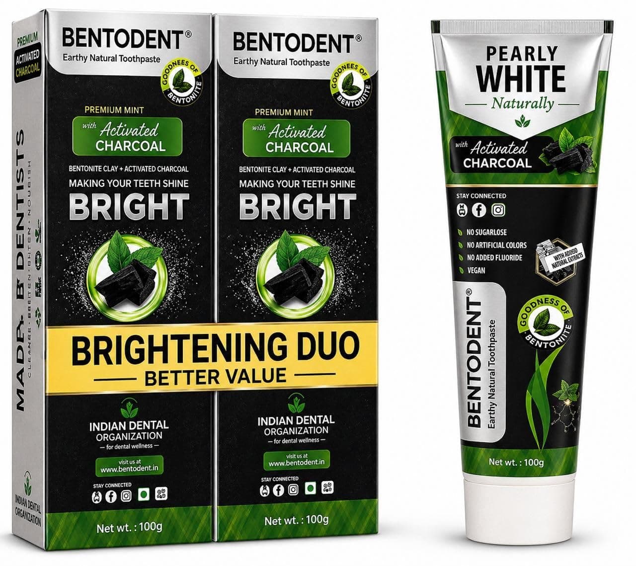 Bentodent toothpaste - Teeth Whitening Products | Activated Charcoal Mint Teeth Whitening Toothpaste | Enamel Safe, Natural | Foam free, Fluoride Free - (Pack of 2 Teeth Whitening Products)