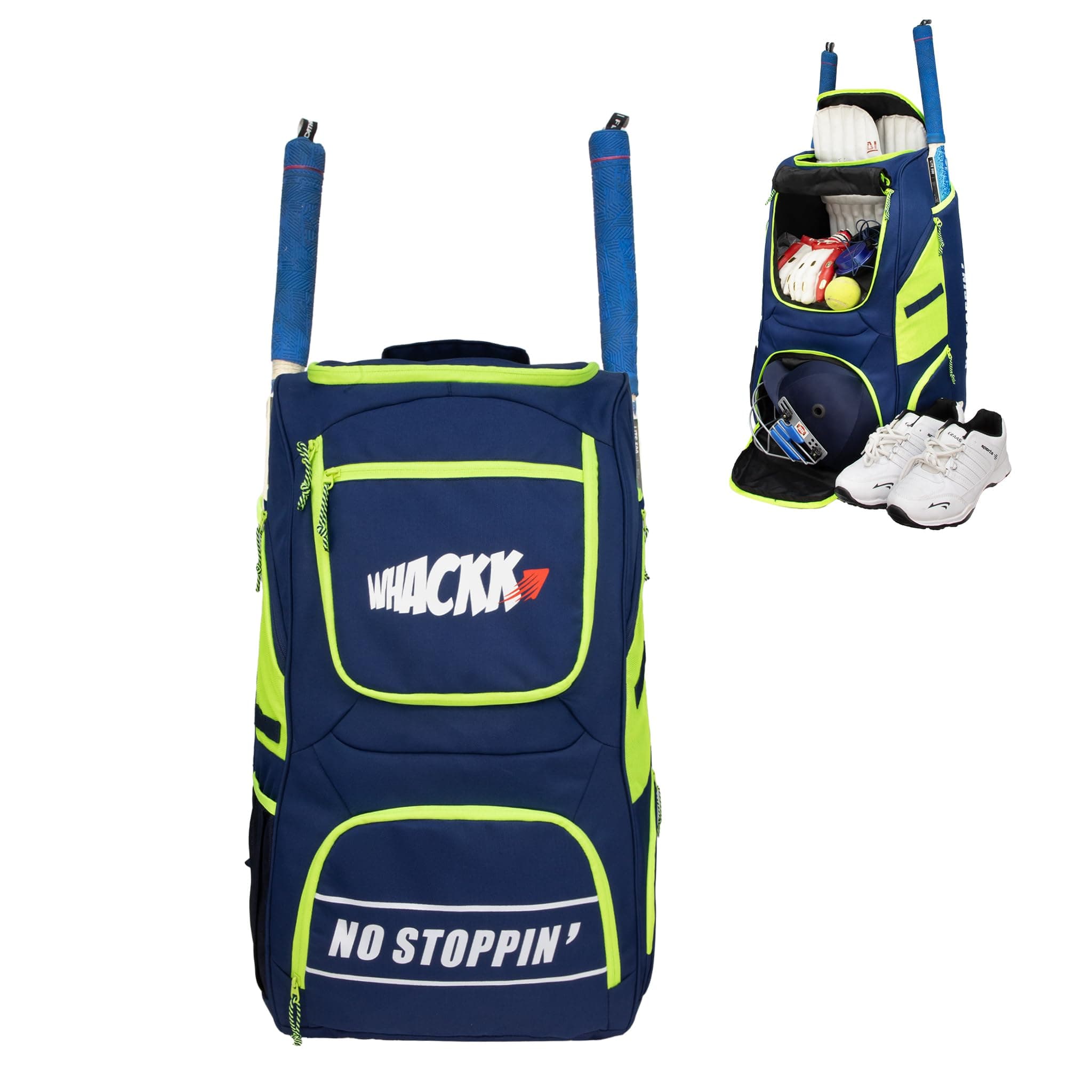 WHACKK Crowe 60L Unisex Navy Cricket Kit Bag Backpack | Youth Size | 2 Bat | Shoe/Helmet Pocket | Main Compartment 14.75" Leg Pad | Bottle Holder | Easy Access Pocket | Player Edition Youth