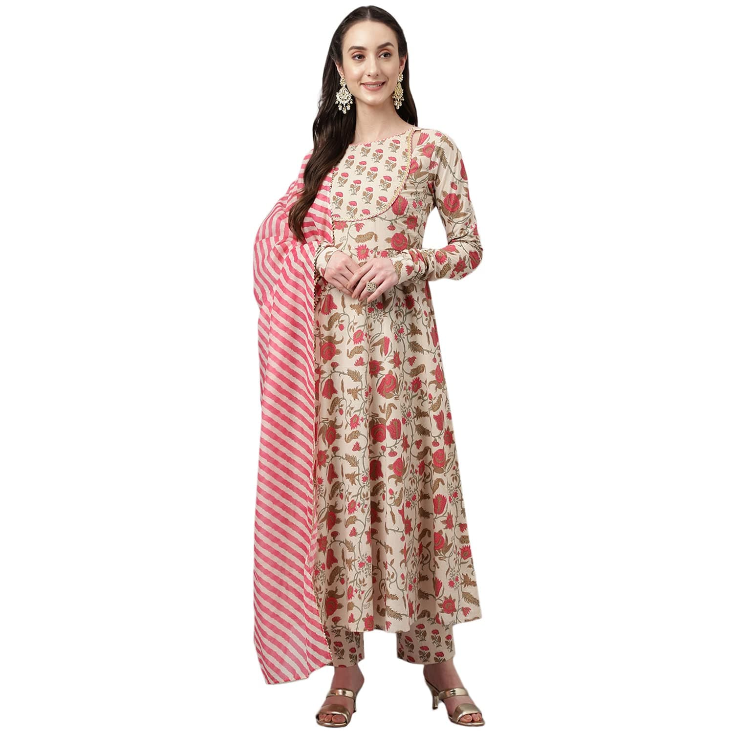 FIORRA Women's Beige Pure Cotton Flared Kurta with Pant and Dupatta