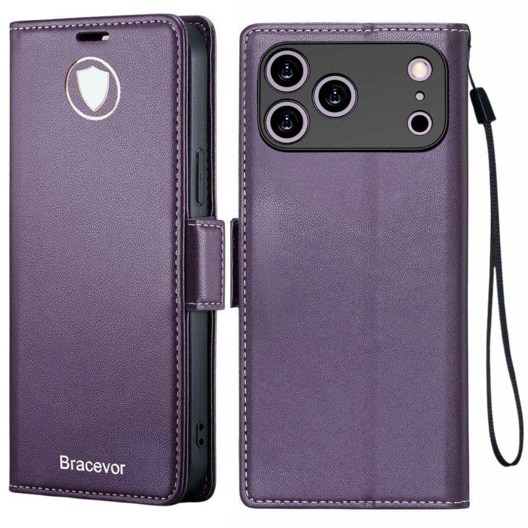 Bracevor Deluxe Leather Flip Cover case for iPhone 17 Pro Max : Purple | Full Camera Cover | RFID Blocking Wallet Pockets | 360 Degree Protection