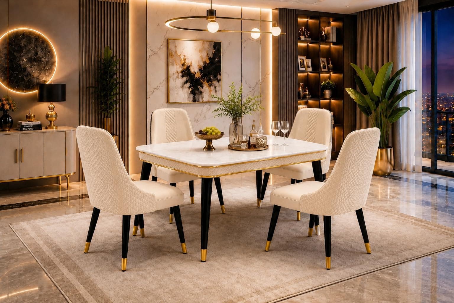 WOODEN SPACE Majestic 4 Seater Wooden Dining Table Set | Urban Marble Top Dining Table with Chairs for Dining Room & Kitchen (Modern Vento Beige) (54 x 36 x 30 inch)