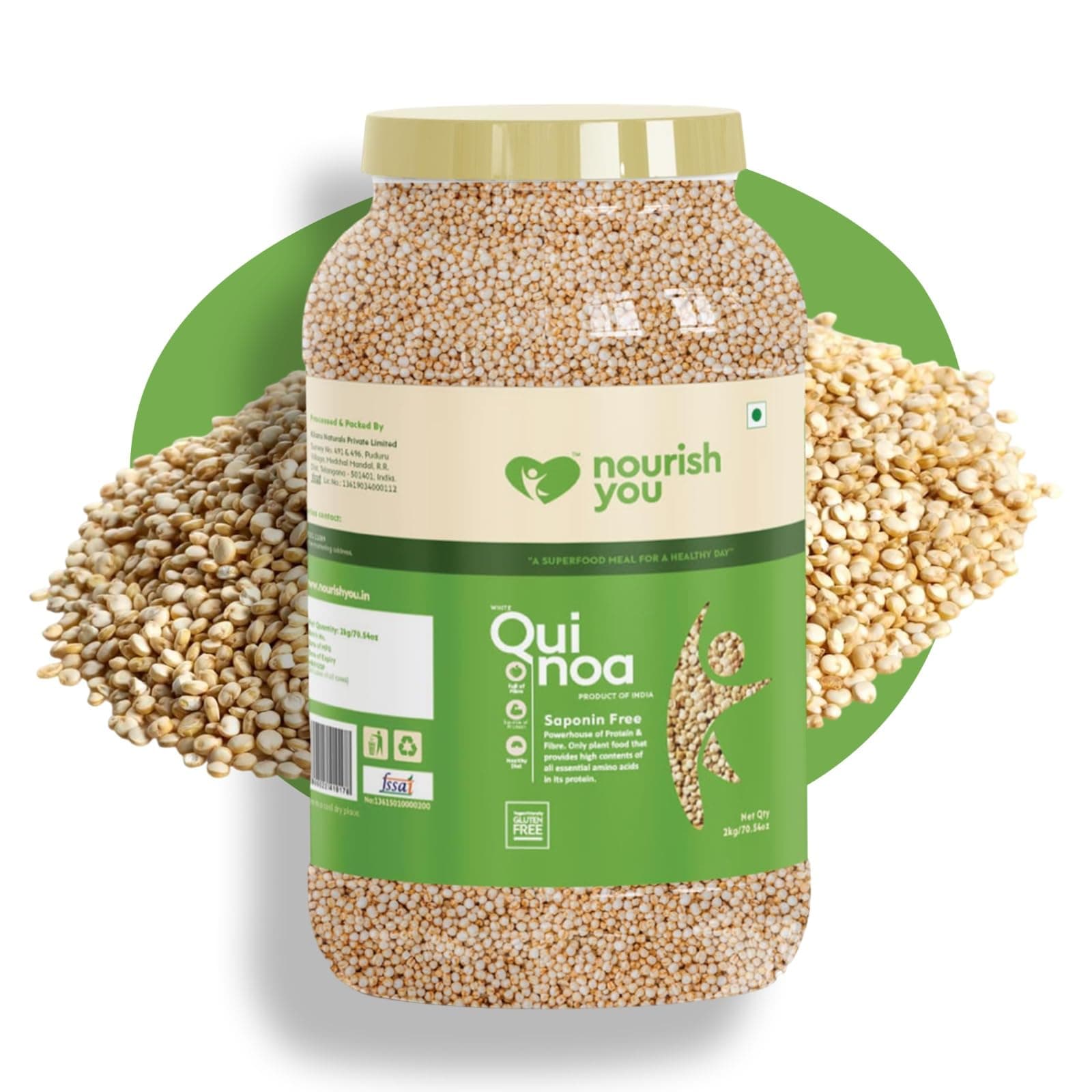 Nourish You Premium White Quinoa Seeds 2Kg Jar | 16.5g Protein per 100g | Naturally Gluten free | Saponin Free | High Protein & Fiber | Diet Food for Weight Management | Certified Grain | Wholegrain Breakfast Cereal
