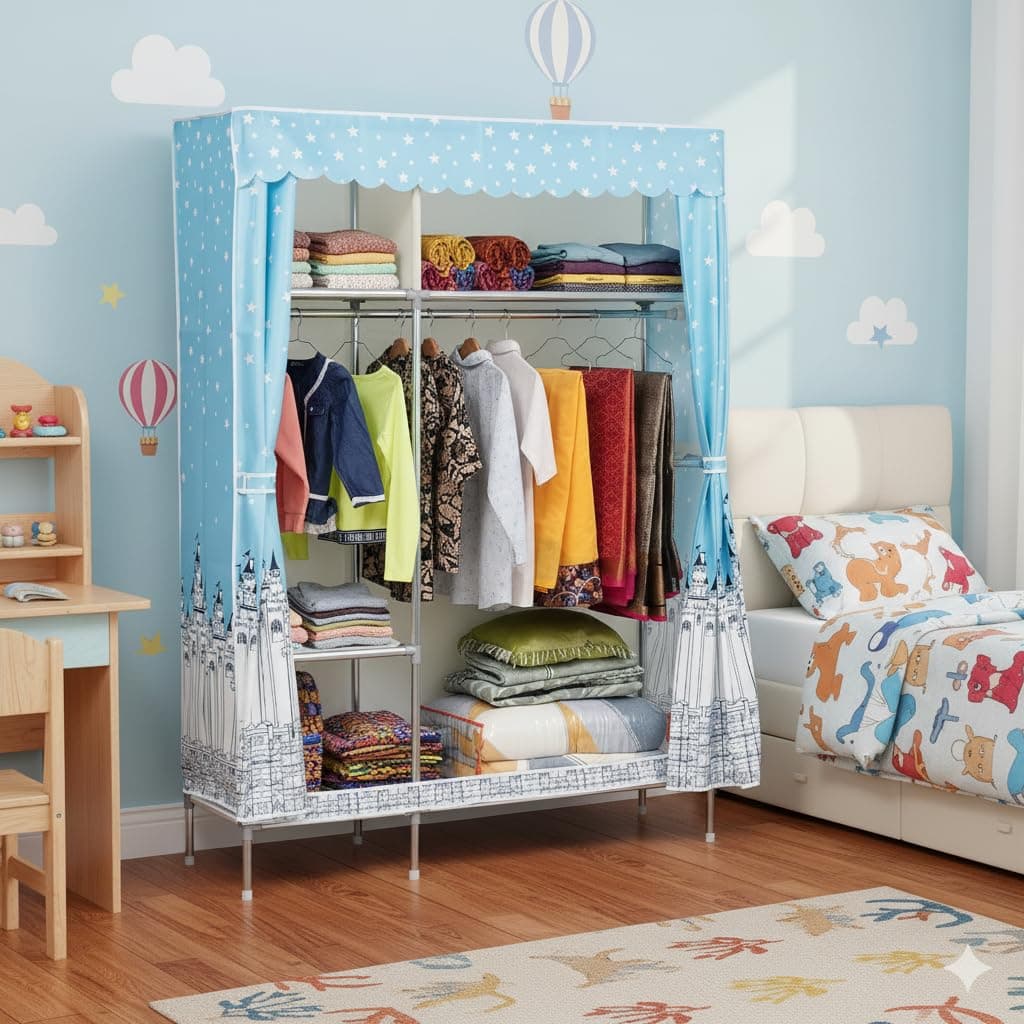 Livzing 5 Shelves Multipurpose Kids Wardrobe with Zipper & 2 Cloth Hanger - DIY Stainless Steel Storage Rack for Clothes for Home - Space Saving Collapsible Portable Hostel Wardrobe for Clothes