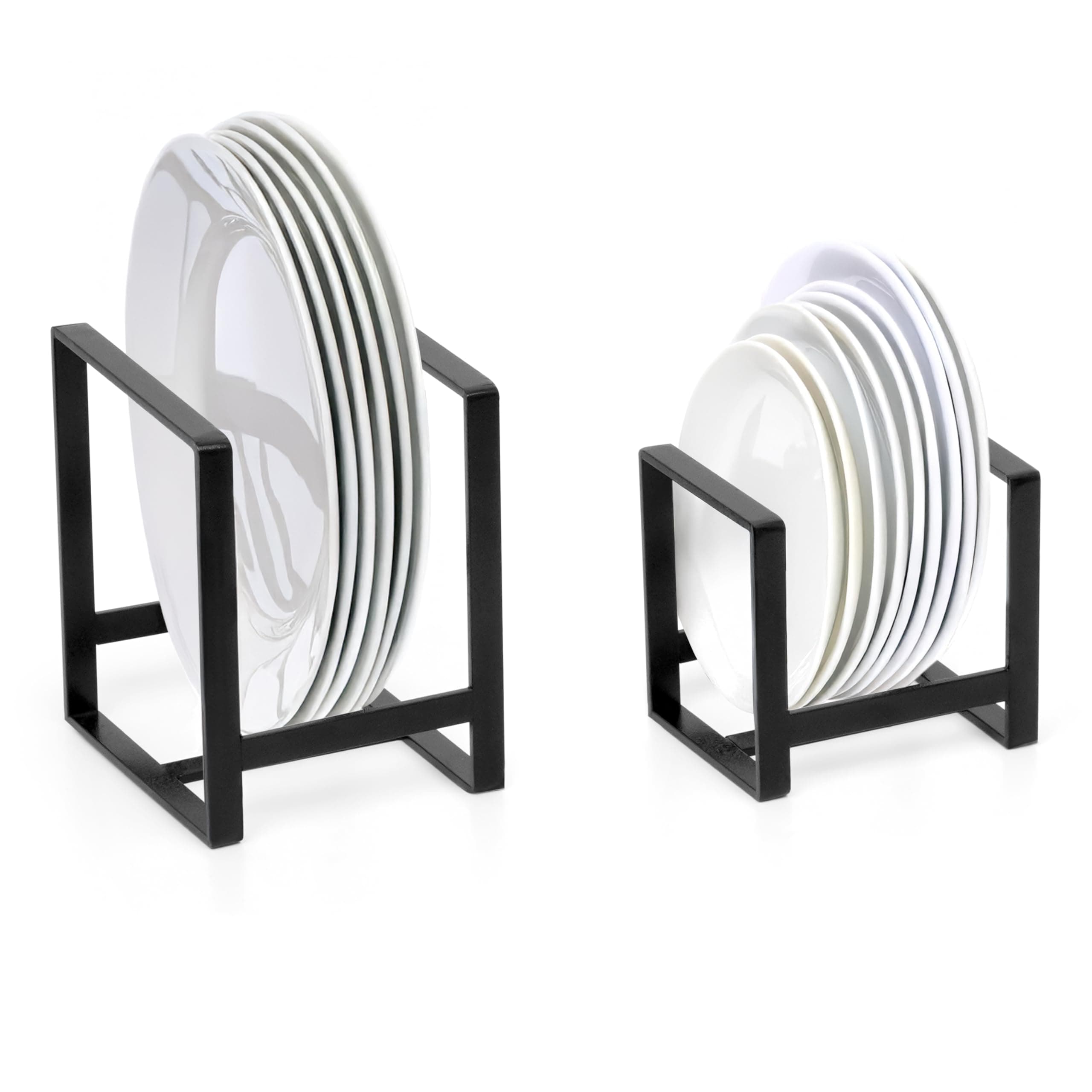Livzing 2Pcs Plate Stand - Plate Holders - Metal Plate Dish Organizer Drying Rack for Kitchen Cabinet & Countertop - Utensil Storage Stand for Plates, Lids, Cutting Boards, Bowl (Small & Large Black)
