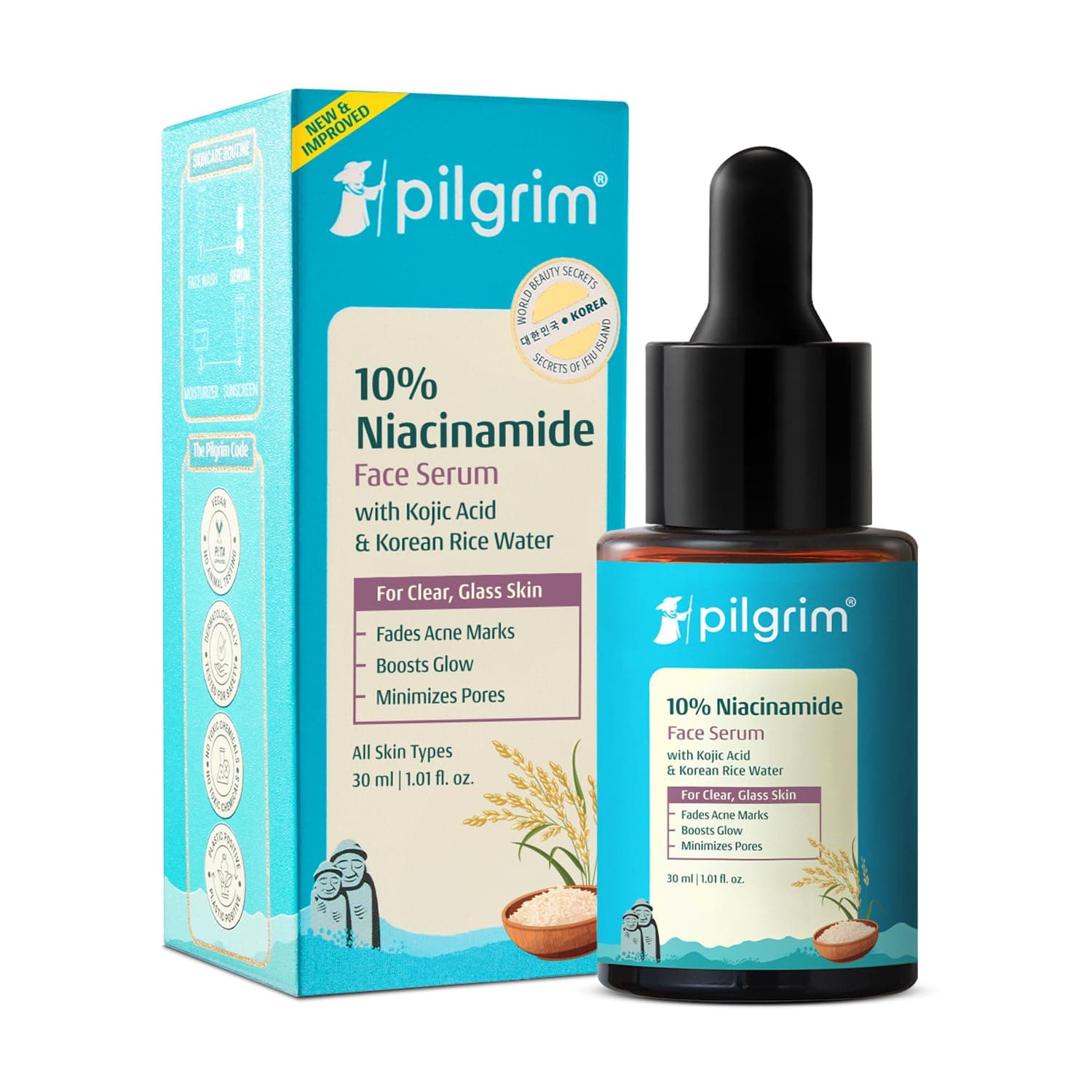Pilgrim 10% Niacinamide Face Serum for Acne Marks with Korean Rice Water - 30 ml | Fades Dark Spots, Controls Oil, Minimizes Pores, Strengthens Skin Barrier | Quick Absorbing | For All Skin Type