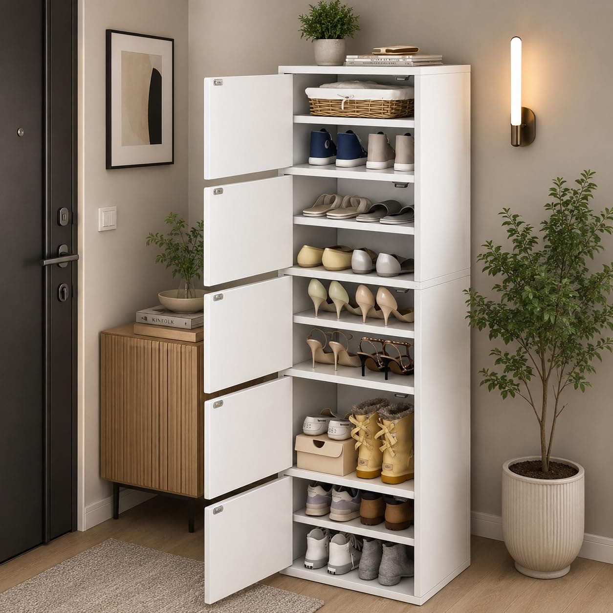 EXVITO Modern Tall Shoe Cabinet, Wooden Flip Door Shoe Storage Cabinet, 5-Door Narrow Entryway Shoe Organizer with Multi-Tier Shelves, Space Saving Shoe Rack for Hallway, Apartment & Home - White